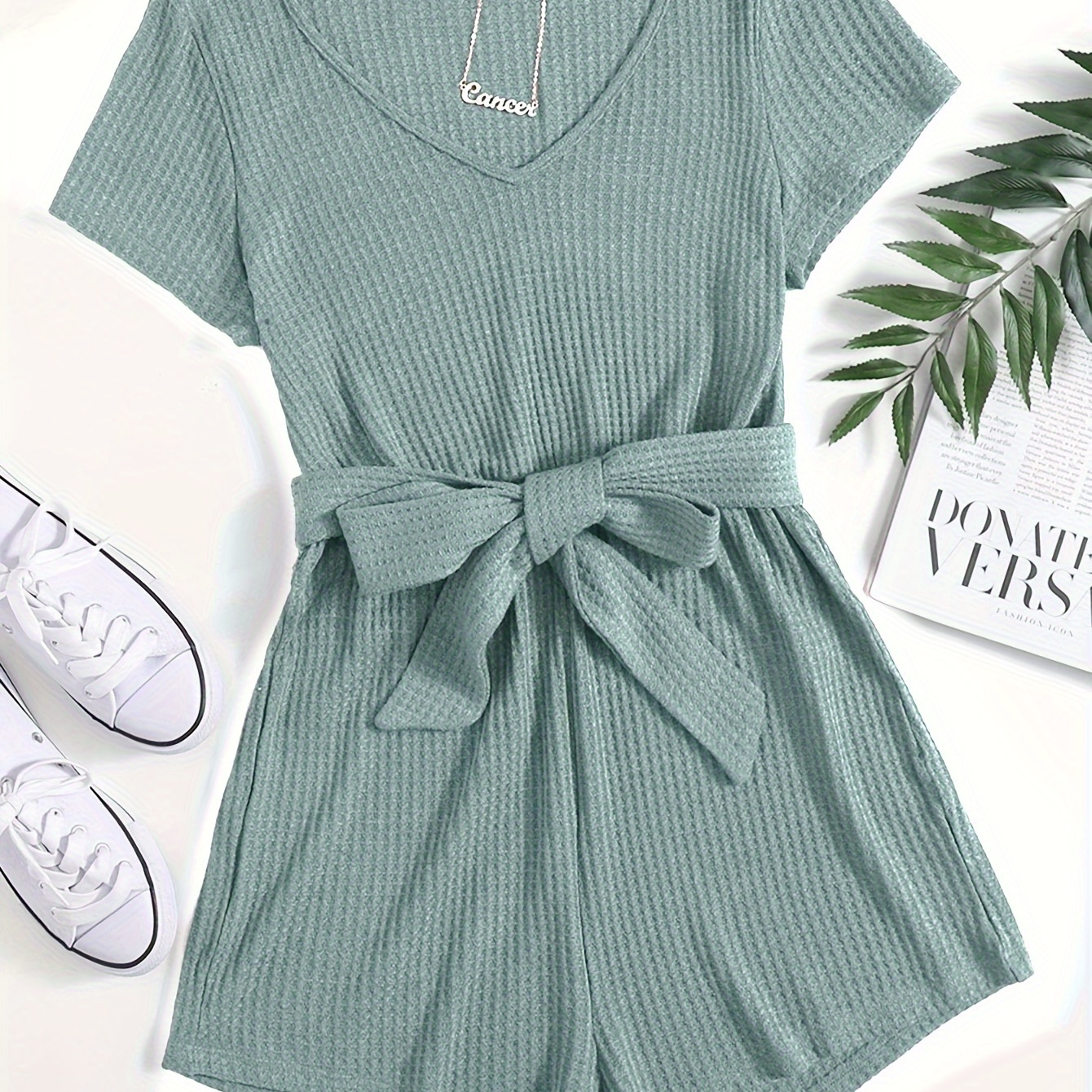 Waffle Knit Short Sleeve Jumpsuit, V Neck Casual Jumpsuit For Summer & Spring, Women's Clothing
Waffle Knit Short Sleeve Jumpsuit, V Neck Casual Jumpsuit For Summer & Spring, Women's Clothing