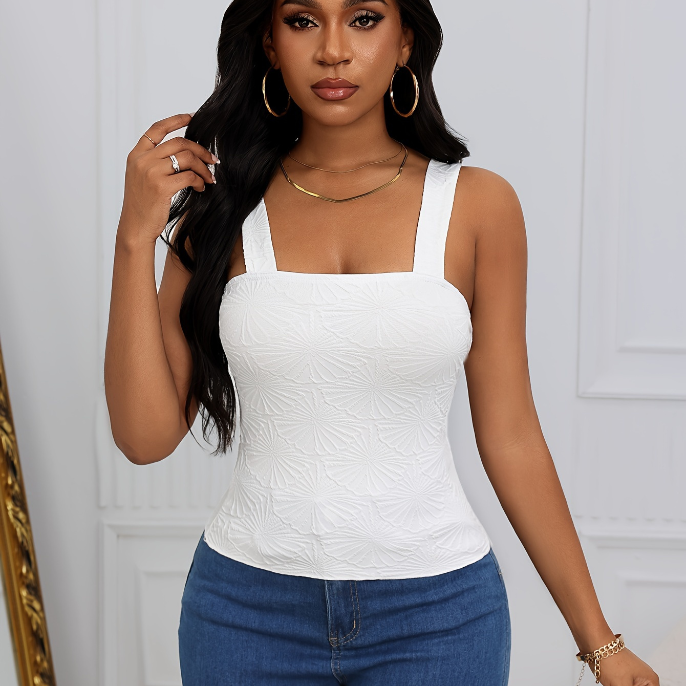 Floral Pattern Square Neck Tank Top, Elegant Sleeveless Slim Solid Color Top For Summer, Women's Clothing
Floral Pattern Square Neck Tank Top, Elegant Sleeveless Slim Solid Color Top For Summer, Women's Clothing