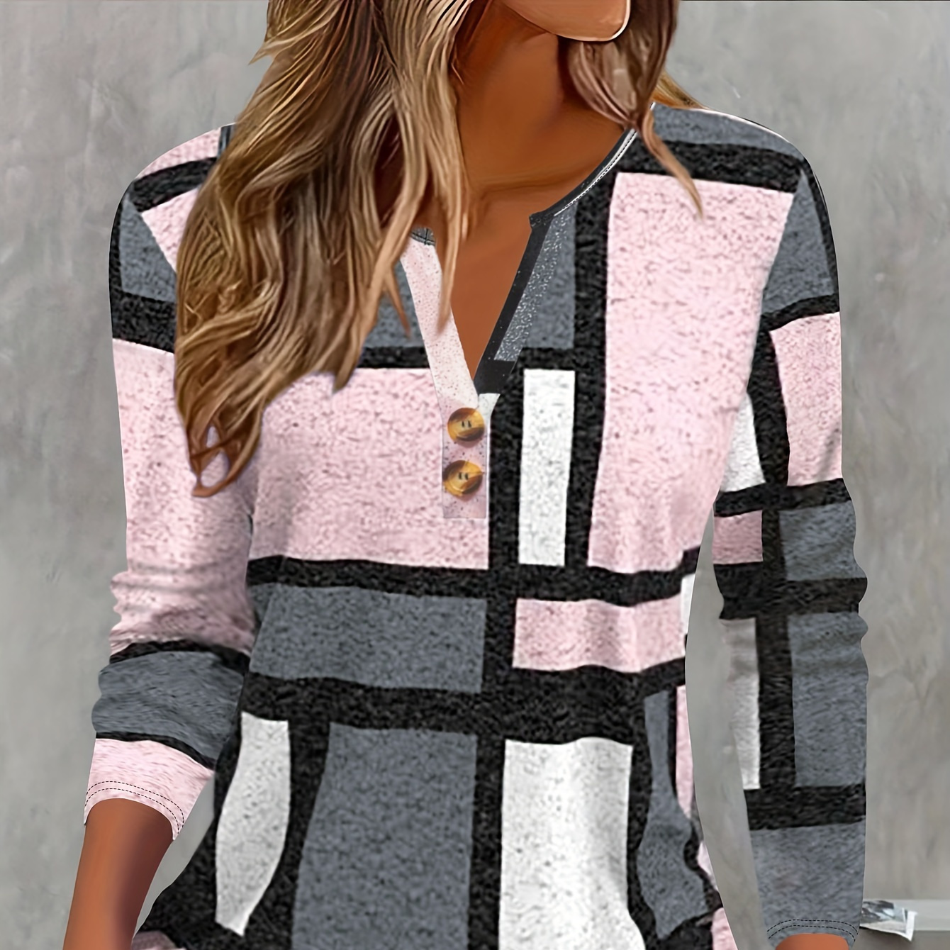 Plus Size Patchwork Print Button Front T-shirt, Casual Long Sleeve Notched Neck Top For Spring & Fall, Women's Plus Size Clothing
Plus Size Patchwork Print Button Front T-shirt, Casual Long Sleeve Notched Neck Top For Spring & Fall, Women's Plus Size Clothing