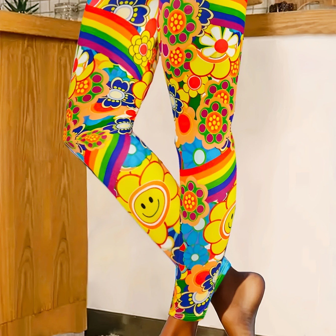 Plus Size Floral And Rainbow Print Leggings For Women, , Polyester With Elastane, Medium Stretch, Long Length, Knit Fabric, For Trousers
Plus Size Floral And Rainbow Print Leggings For Women, , Polyester With Elastane, Medium Stretch, Long Length, Knit Fabric, For Trousers