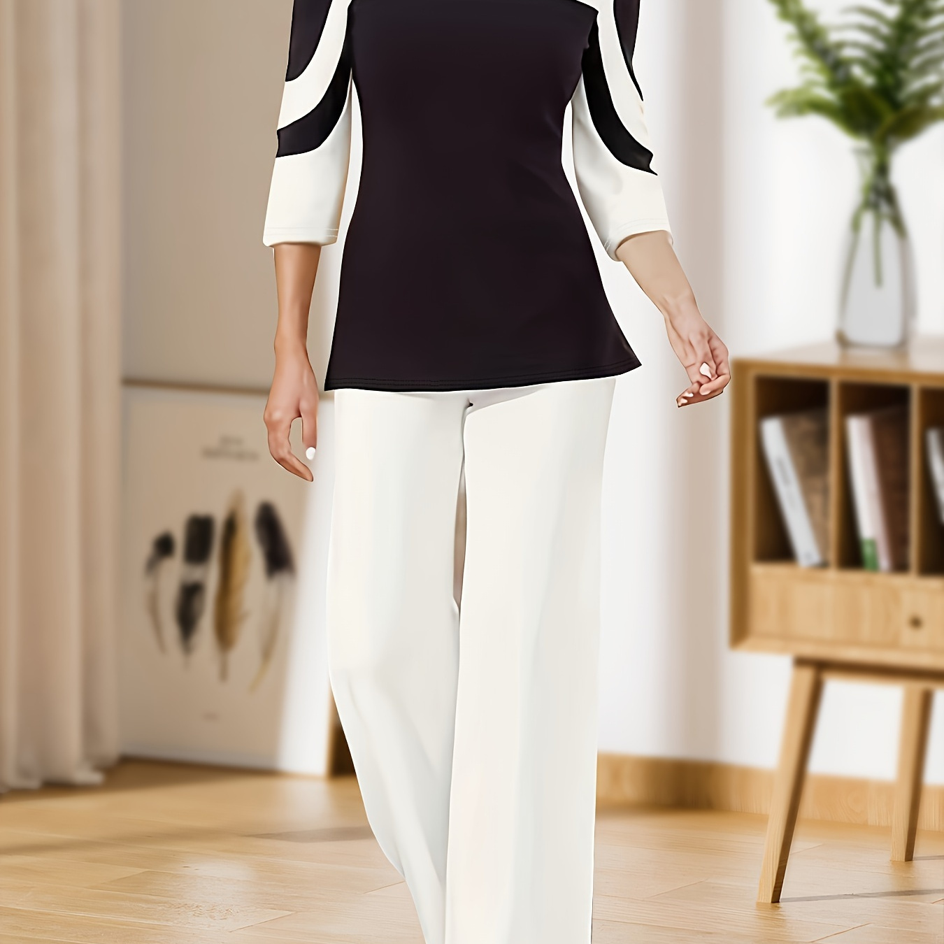Contrast Trim Crew Neck T-shirt, Elegant 3/4 Sleeve T-shirt For Spring & Fall, Women's Clothing
Contrast Trim Crew Neck T-shirt, Elegant 3/4 Sleeve T-shirt For Spring & Fall, Women's Clothing