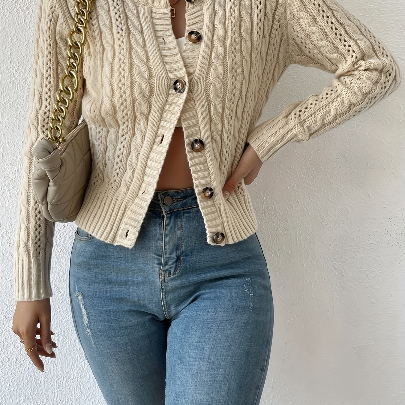 Cable Knitted Button Front Cardigan, Casual Long Sleeve Slim Cardigan For Spring & Fall, Women's Clothing
Cable Knitted Button Front Cardigan, Casual Long Sleeve Slim Cardigan For Spring & Fall, Women's Clothing