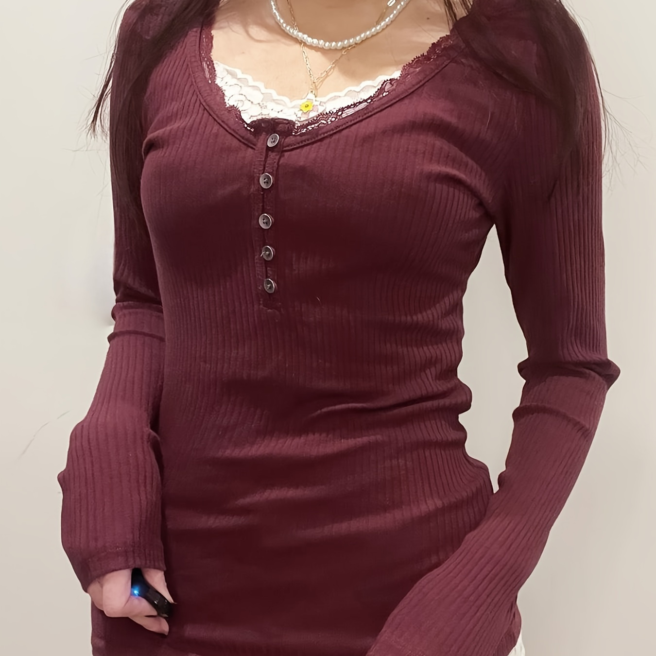 Contrast Lace Button Front T-shirt, Elegant Long Sleeve Slim T-shirt For Spring & Fall, Women's Clothing
Contrast Lace Button Front T-shirt, Elegant Long Sleeve Slim T-shirt For Spring & Fall, Women's Clothing