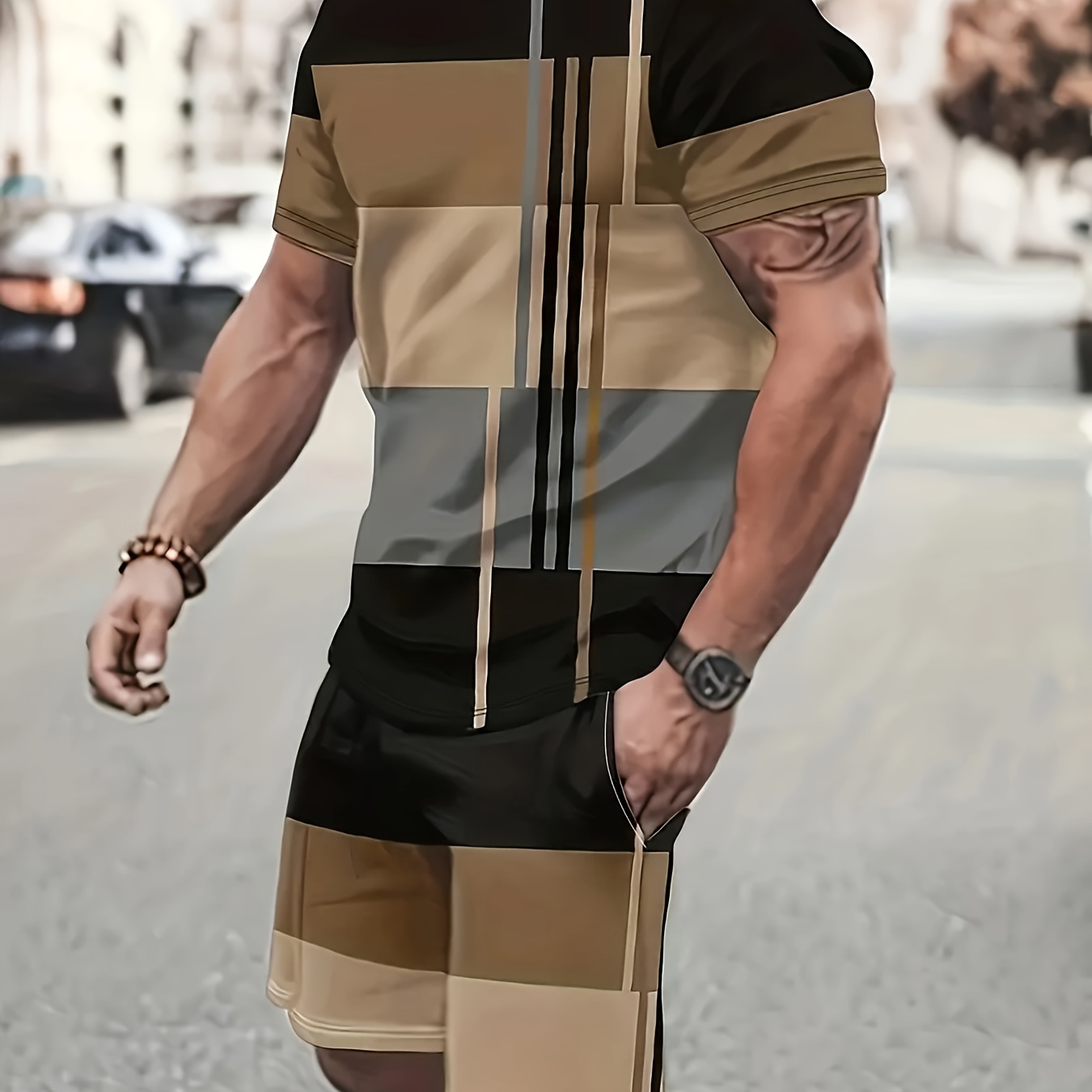 Plus Size 2-piece Men's Fashionable Striped Printed Pattern Short Sleeved Round Neck T-shirt And Drawstring Shorts Set, Comfortable And Breathable, Striped Plus Size Men's Clothing
Plus Size 2-piece Men's Fashionable Striped Printed Pattern Short Sleeved Round Neck T-shirt And Drawstring Shorts Set, Comfortable And Breathable, Striped Plus Size Men's Clothing