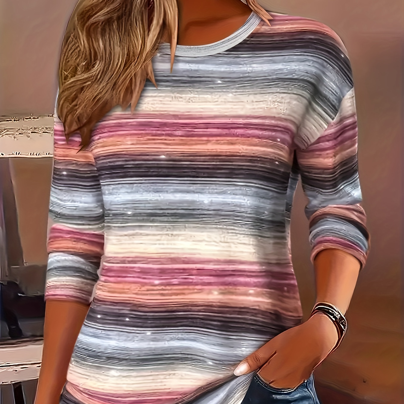 Women's Casual Striped Crew Neck T-shirt - 100% Polyester Knit Fabric, Regular Length, Long Sleeve, Fall Season
Women's Casual Striped Crew Neck T-shirt - 100% Polyester Knit Fabric, Regular Length, Long Sleeve, Fall Season