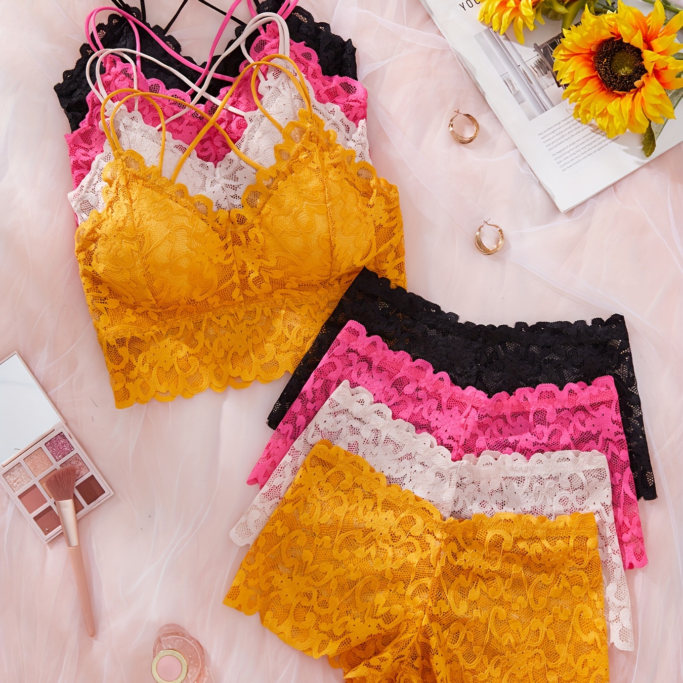4-pack Sexy Lace Lingerie Set For Women - Removable Padded Lace Bralette And Mid-rise Boyshort Panties, Solid Color, Knitted Fabric, Adult Underwear Ensemble
4-pack Sexy Lace Lingerie Set For Women - Removable Padded Lace Bralette And Mid-rise Boyshort Panties, Solid Color, Knitted Fabric, Adult Underwear Ensemble