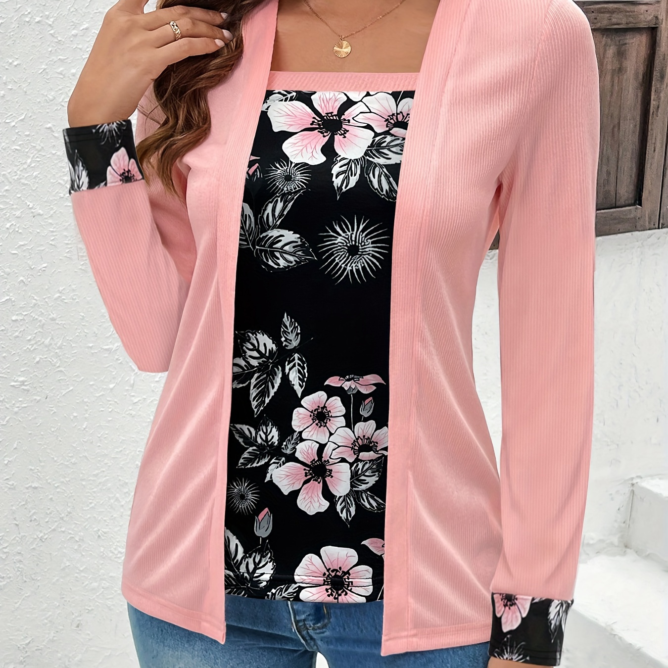 2-in-1 Floral Print T-shirt, Casual Long Sleeve Top For Spring & Fall, Women's Clothing
2-in-1 Floral Print T-shirt, Casual Long Sleeve Top For Spring & Fall, Women's Clothing