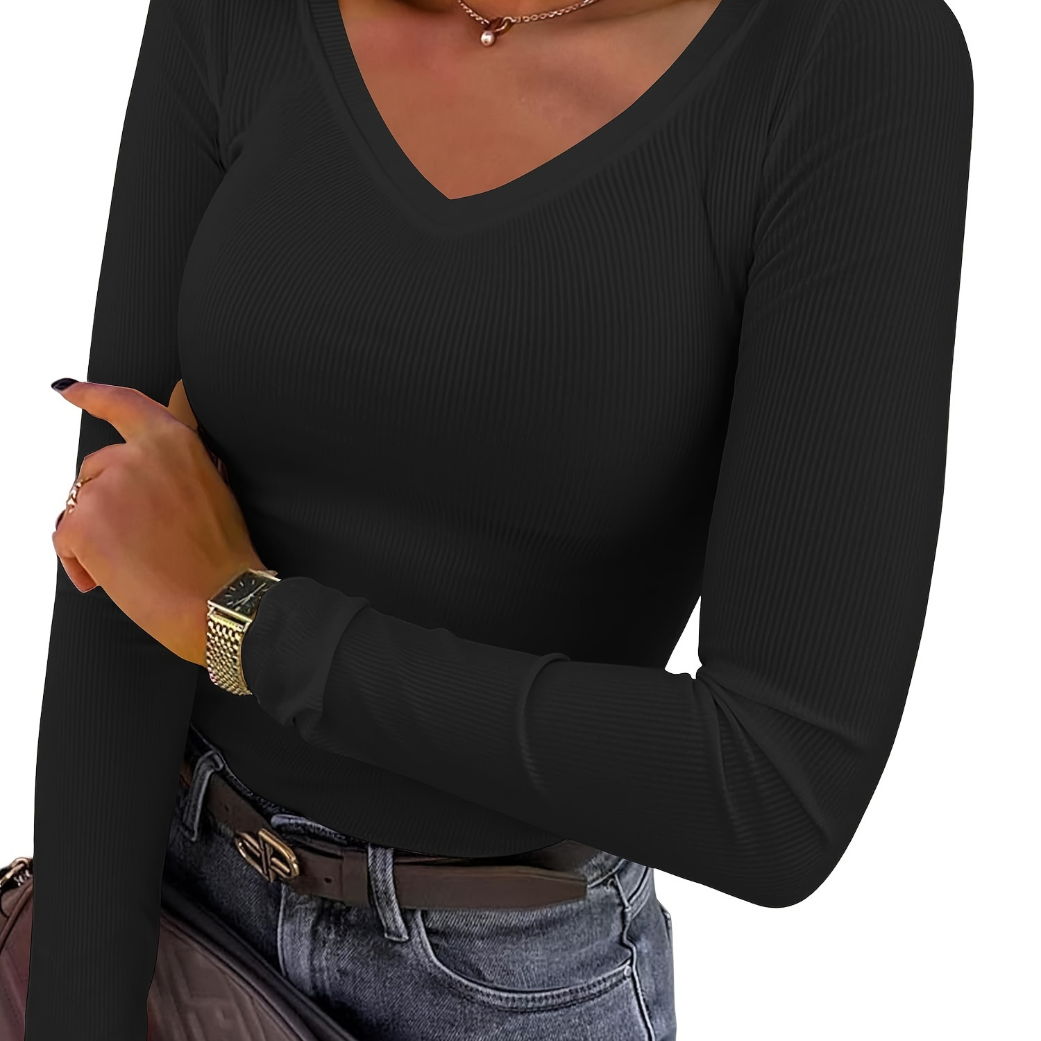 Solid Ribbed V Neck T-shirt, Casual Long Sleeve Slim Basic T-shirt For Spring & Fall, Women's Clothing
Solid Ribbed V Neck T-shirt, Casual Long Sleeve Slim Basic T-shirt For Spring & Fall, Women's Clothing