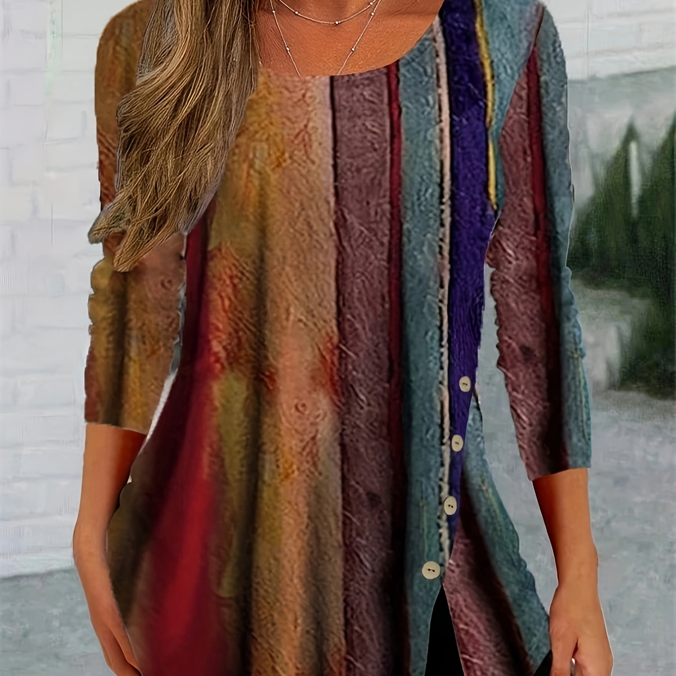 Plus Size Striped Color Block Button Front Top, Elegant Asymmetrical Hem Long Sleeve Crew Neck Top For Spring & Fall, Women's Plus Size Clothing
Plus Size Striped Color Block Button Front Top, Elegant Asymmetrical Hem Long Sleeve Crew Neck Top For Spring & Fall, Women's Plus Size Clothing