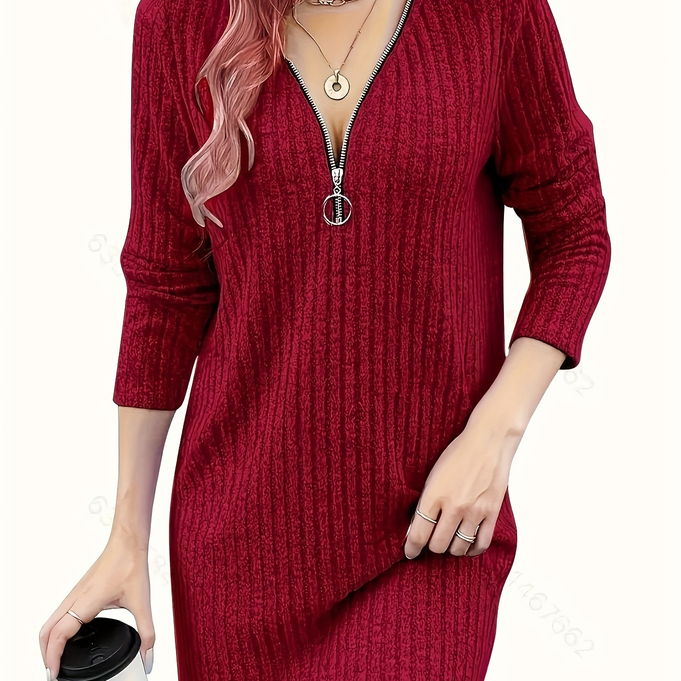 Elegant Solid Color Ribbed V-neck Dress - High Stretch, Long Sleeve, Fall/winter - Machine Washable
Elegant Solid Color Ribbed V-neck Dress - High Stretch, Long Sleeve, Fall/winter - Machine Washable