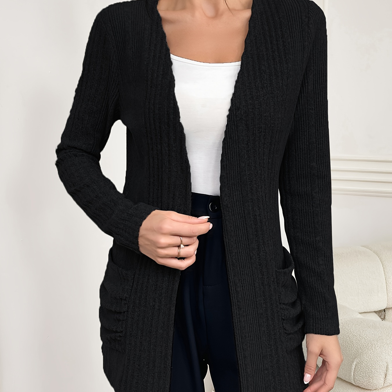 Solid Color Ribbed Open Front Cardigan, Elegant Long Sleeve Cardigan For Fall & Winter, Women's Clothing
Solid Color Ribbed Open Front Cardigan, Elegant Long Sleeve Cardigan For Fall & Winter, Women's Clothing