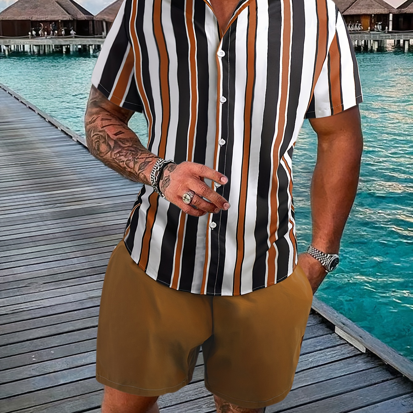Men's 2 Pieces Outfits, Strip Print Button Up Shirt And Drawstring Shorts Set For Summer
Men's 2 Pieces Outfits, Strip Print Button Up Shirt And Drawstring Shorts Set For Summer
