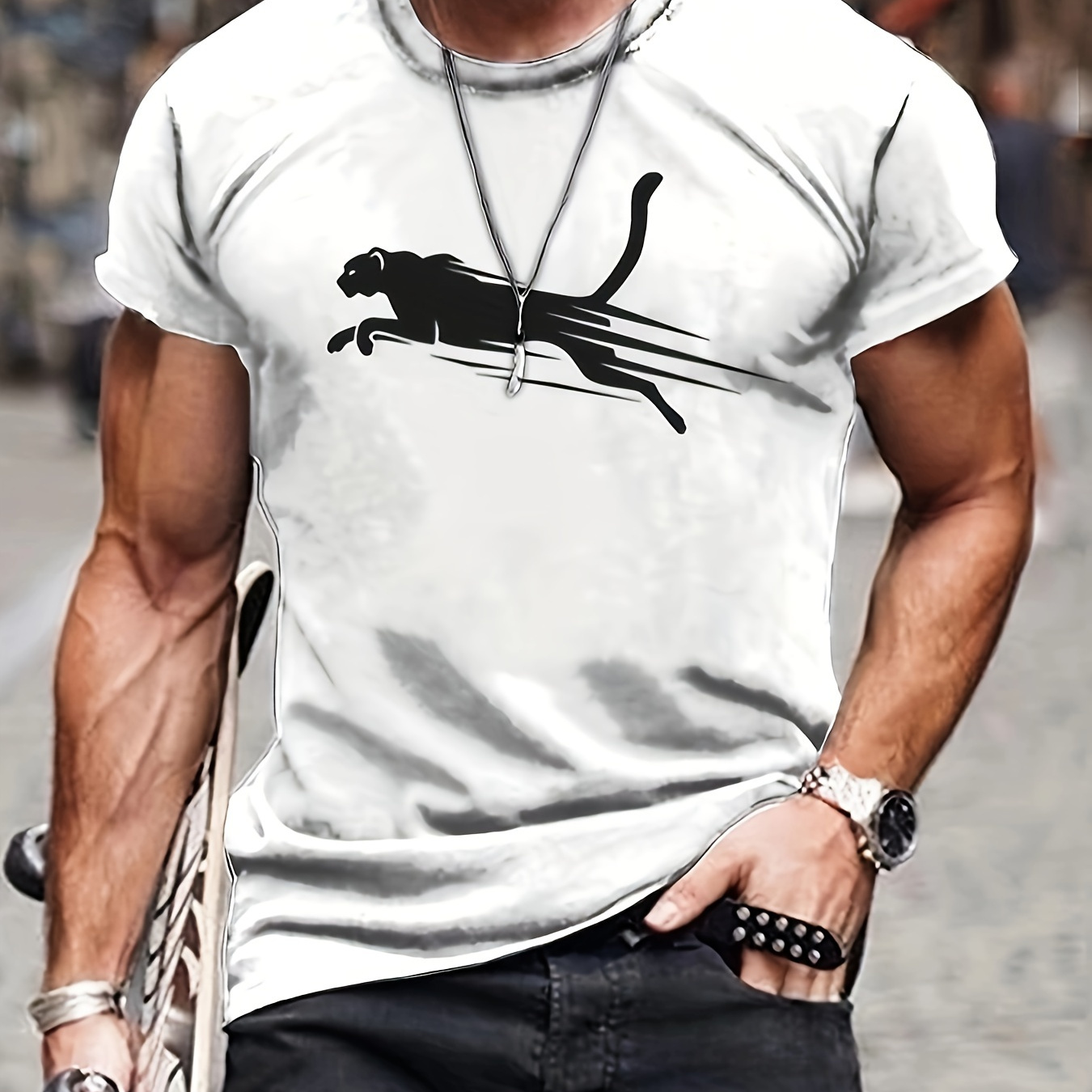 Contrast Color Running Panther Pattern Crew Neck And Short Sleeve T-shirt, Stylish And Chic Tops For Men's Summer Sports Wear And Outdoors Activities
Contrast Color Running Panther Pattern Crew Neck And Short Sleeve T-shirt, Stylish And Chic Tops For Men's Summer Sports Wear And Outdoors Activities