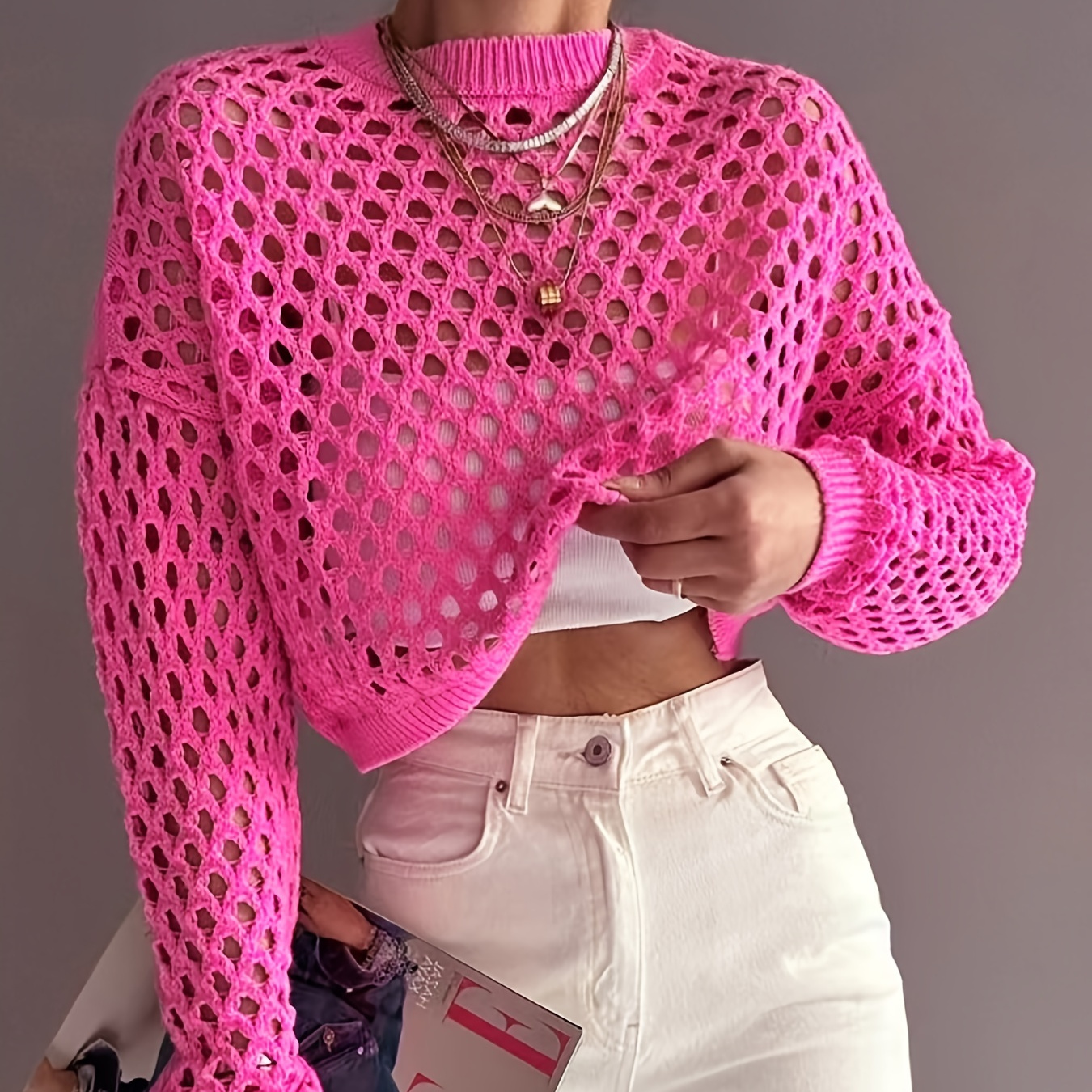 Crochet Cover Up Knitted Top, Casual Beach Wear Long Sleeve Sweater, Women's Clothing
Crochet Cover Up Knitted Top, Casual Beach Wear Long Sleeve Sweater, Women's Clothing