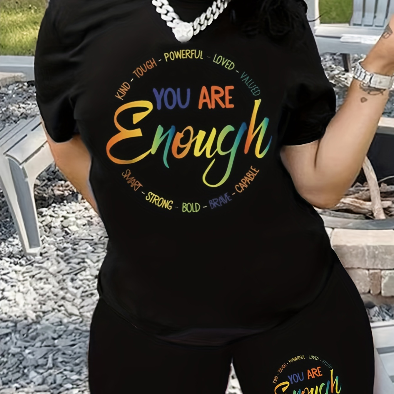Plus Size Casual 2pcs Set, Women's Plus Graphic Print Short Sleeve Tee & Biker Shorts 2 Pieces Set
Plus Size Casual 2pcs Set, Women's Plus Graphic Print Short Sleeve Tee & Biker Shorts 2 Pieces Set
