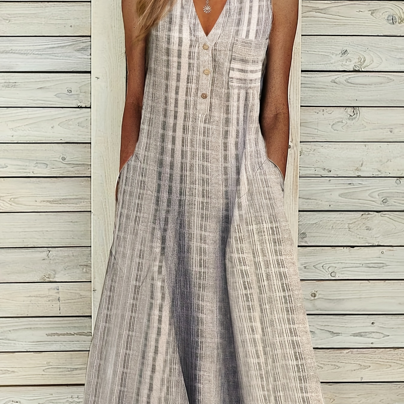 Plus Size Casual Dress, Women's Plus Stripe Print Ruched V Neck Tank Dress With Pockets
Plus Size Casual Dress, Women's Plus Stripe Print Ruched V Neck Tank Dress With Pockets