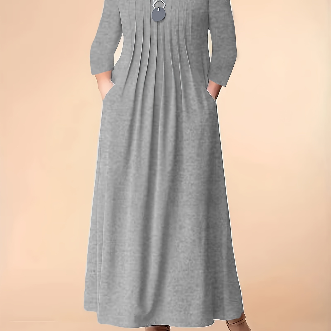 Size Solid Color Maxi Dress With Pockets - Long Sleeve, Round Neck, Stretch Fabric For Women
Size Solid Color Maxi Dress With Pockets - Long Sleeve, Round Neck, Stretch Fabric For Women