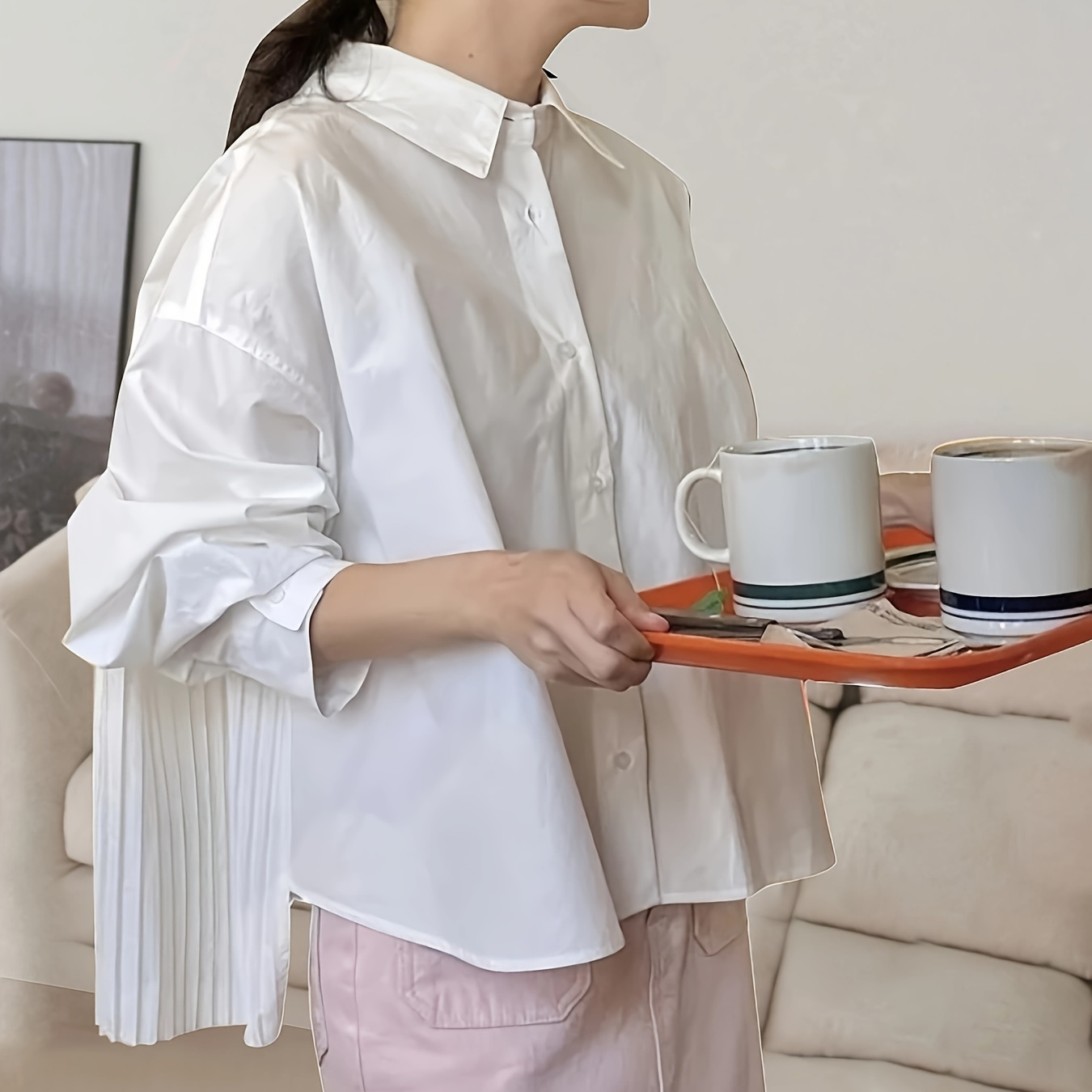 Pleated High Low Shirt, Casual Button Front Long Sleeve Shirt For Spring & Summer, Women's Clothing
Pleated High Low Shirt, Casual Button Front Long Sleeve Shirt For Spring & Summer, Women's Clothing
