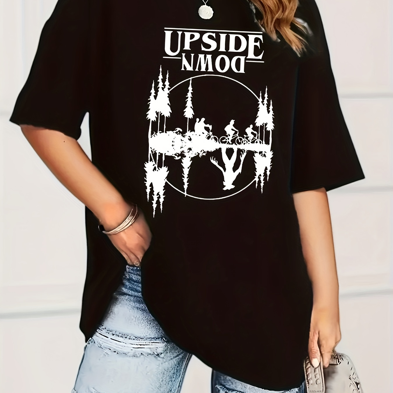 Trees & Letter Print Casual T-shirt, Loose Fit Round Neck Short Sleeves Sports Tops, Women's Comfy Tee
Trees & Letter Print Casual T-shirt, Loose Fit Round Neck Short Sleeves Sports Tops, Women's Comfy Tee
