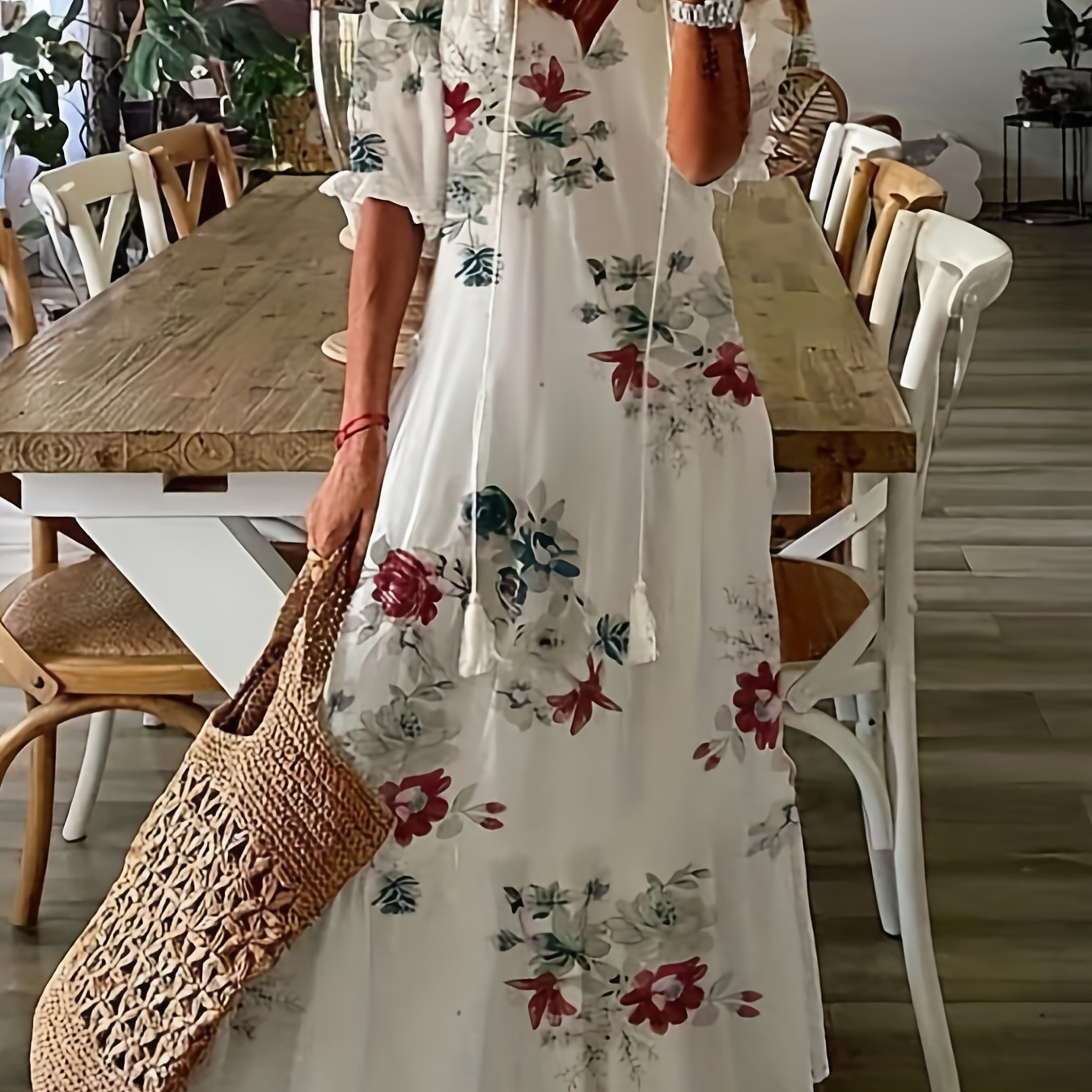 Floral Print Drawstring Dress, Elegant Short Sleeve Ruffle Hem Maxi Dress, Women's Clothing
Floral Print Drawstring Dress, Elegant Short Sleeve Ruffle Hem Maxi Dress, Women's Clothing