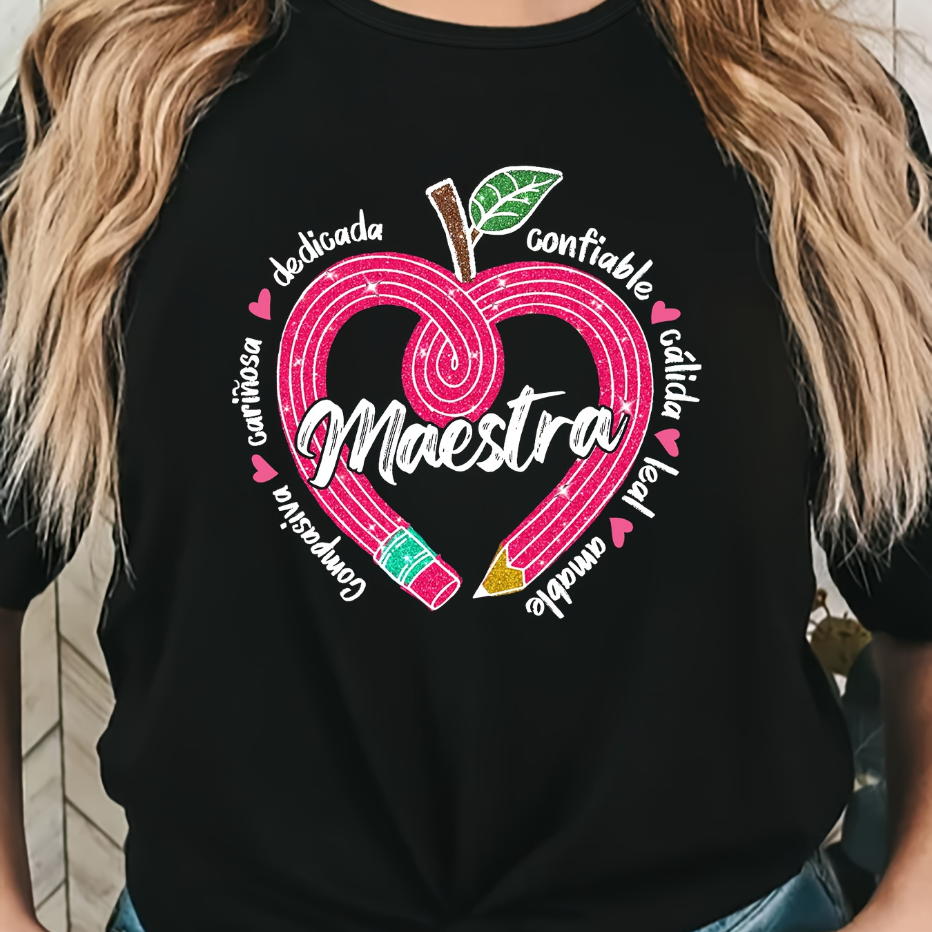 Pencil & Letter Print Comfy T-shirt, Round Neck Short Sleeve Sports Tee, Women's Activewear
Pencil & Letter Print Comfy T-shirt, Round Neck Short Sleeve Sports Tee, Women's Activewear
