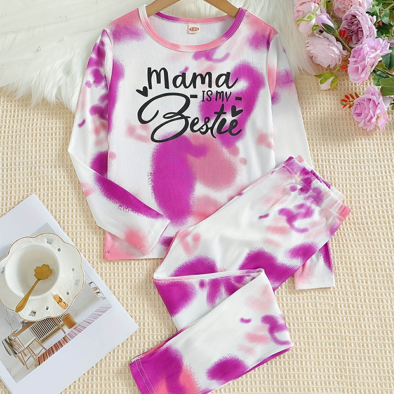 Kid's 2pcs Mama Is My Bestie Print Pajamas, Ribbed Long Sleeve Top & Pants Set, Comfy Casual Tie Dye Pj Set, Girl's Loungewear
Kid's 2pcs Mama Is My Bestie Print Pajamas, Ribbed Long Sleeve Top & Pants Set, Comfy Casual Tie Dye Pj Set, Girl's Loungewear