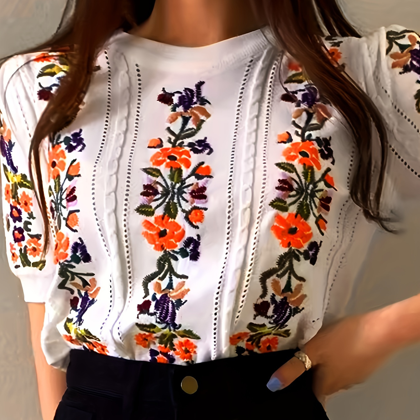 Floral Embroidered Pullover Sweater, Casual Lantern Short Sleeve Crew Neck Sweater For Spring & Fall, Women's Clothing
Floral Embroidered Pullover Sweater, Casual Lantern Short Sleeve Crew Neck Sweater For Spring & Fall, Women's Clothing