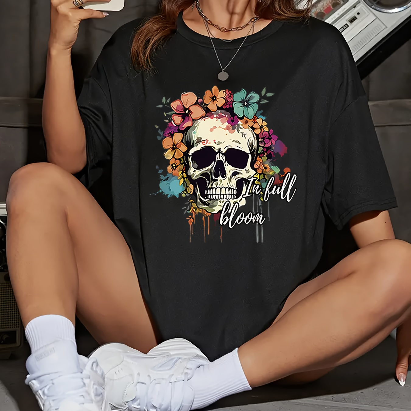 Soft Knit, Women's Plus Size Casual T-shirt With Floral Skull Print - Short Sleeve, Round Neck, Breathable Polyester -
Soft Knit, Women's Plus Size Casual T-shirt With Floral Skull Print - Short Sleeve, Round Neck, Breathable Polyester -