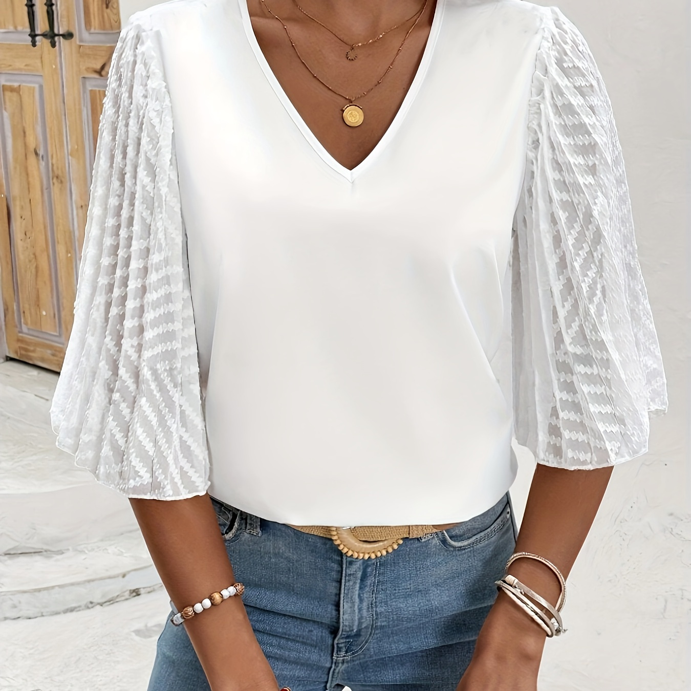 Contrast Mesh Bell Half Sleeve Blouse, Elegant V-neck Blouse For Summer & Spring, Women's Clothing
Contrast Mesh Bell Half Sleeve Blouse, Elegant V-neck Blouse For Summer & Spring, Women's Clothing