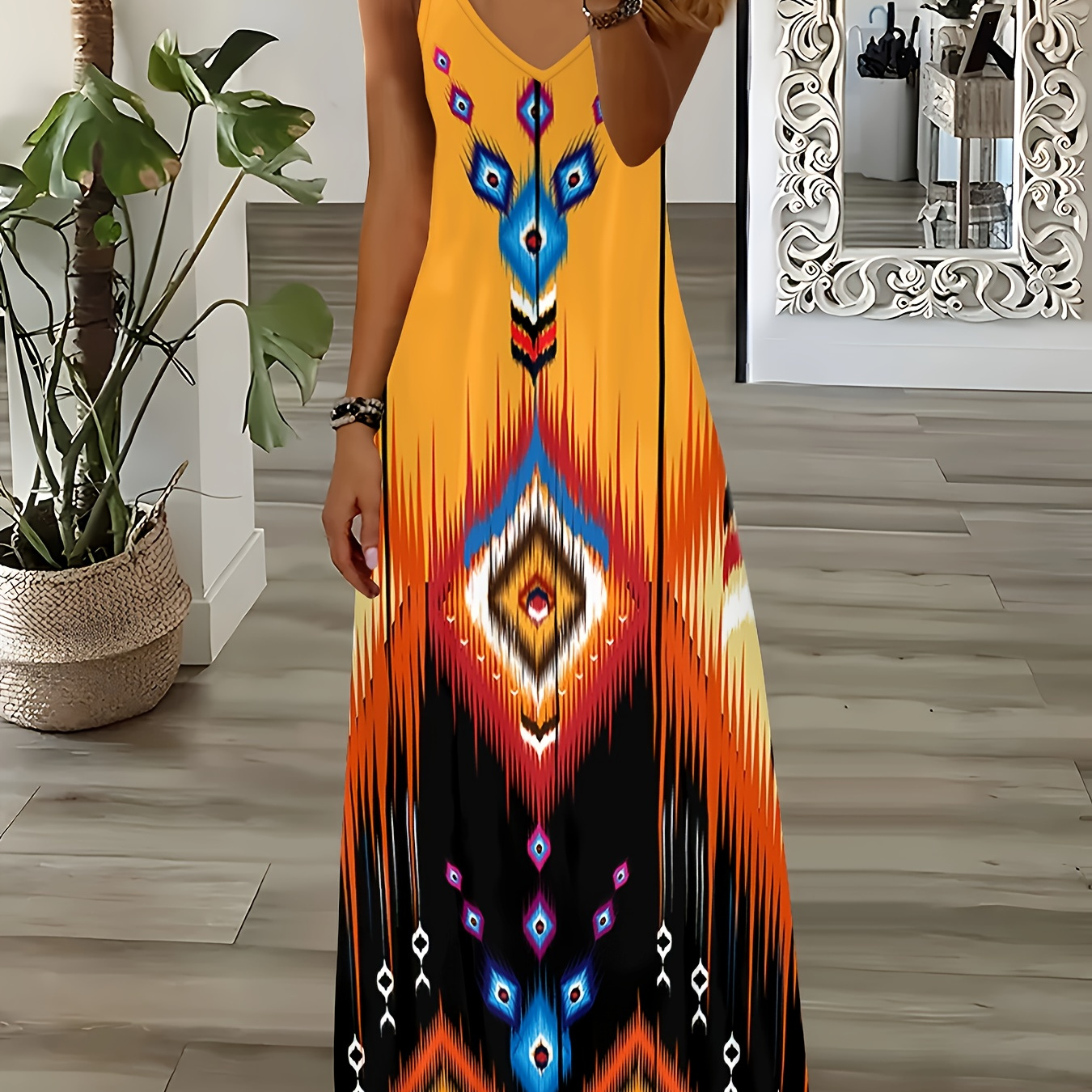 Ethnic Geo Print Cami Dress, Sleeveless A-line Maxi Slip Dress For , Women's Clothing
Ethnic Geo Print Cami Dress, Sleeveless A-line Maxi Slip Dress For , Women's Clothing