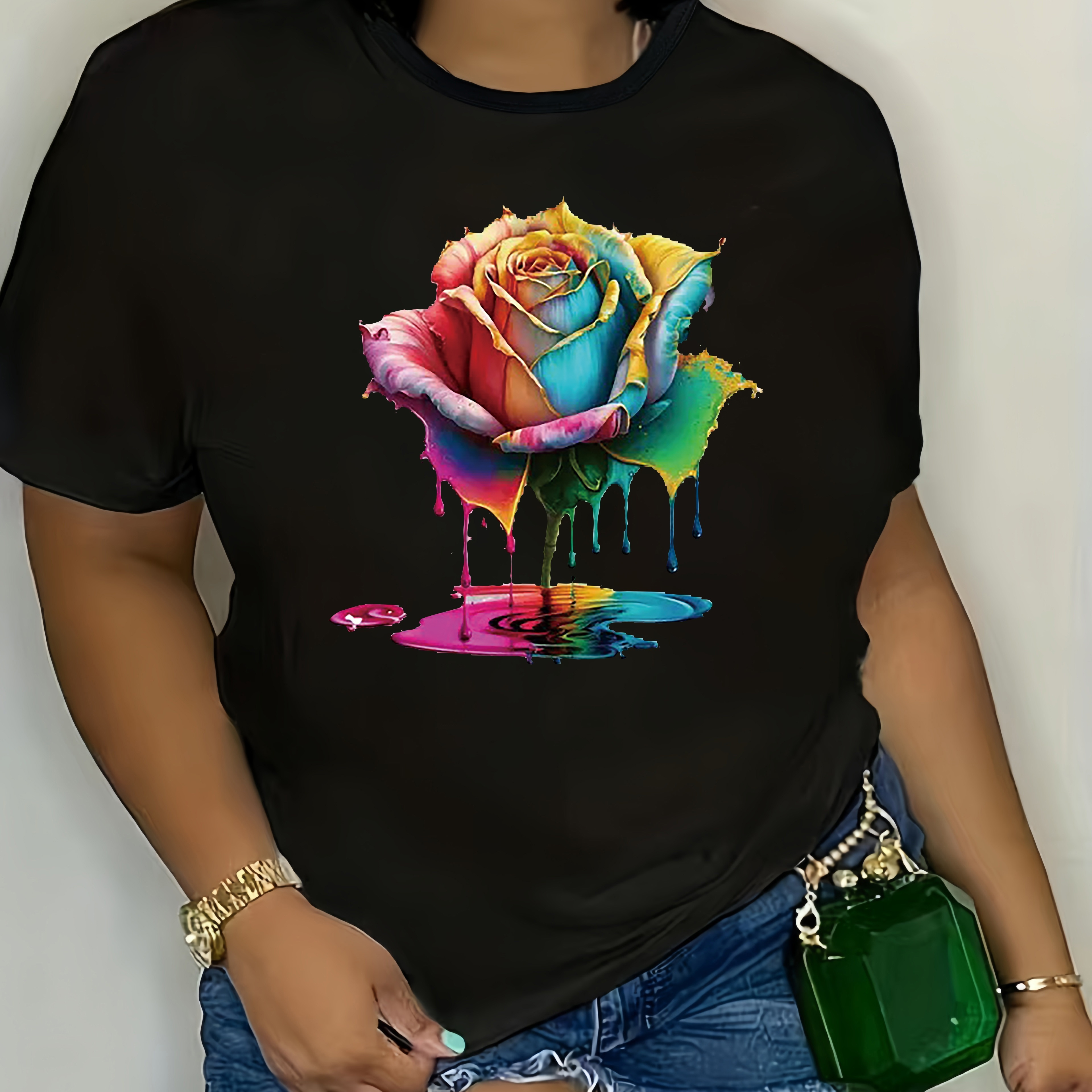 Plus Size Colorful Rose Print T-shirt, Casual Short Sleeve Top For Spring & Summer, Women's Plus Size Clothing 
Plus Size Colorful Rose Print T-shirt, Casual Short Sleeve Top For Spring & Summer, Women's Plus Size Clothing