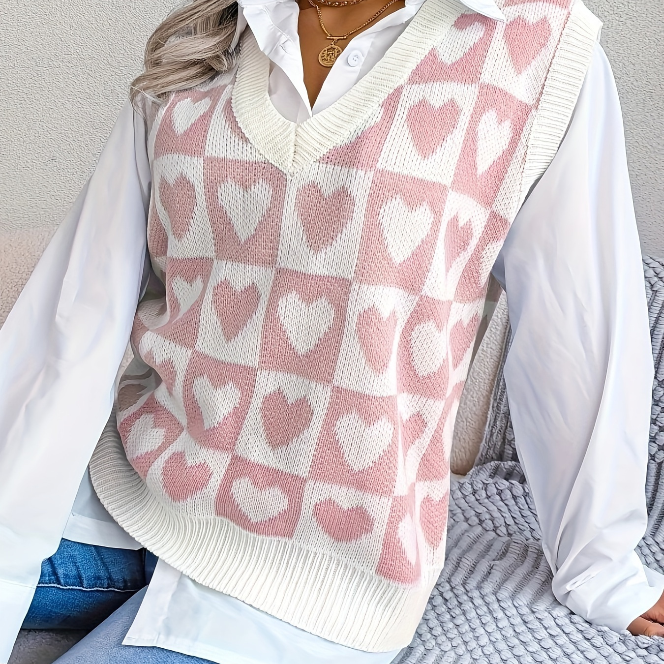 Valentine's Day Heart Pattern Sweater Vest, Casual V Neck Sleeveless Vest For Spring & Fall, Women's Clothing, Valentine's Day
Valentine's Day Heart Pattern Sweater Vest, Casual V Neck Sleeveless Vest For Spring & Fall, Women's Clothing, Valentine's Day