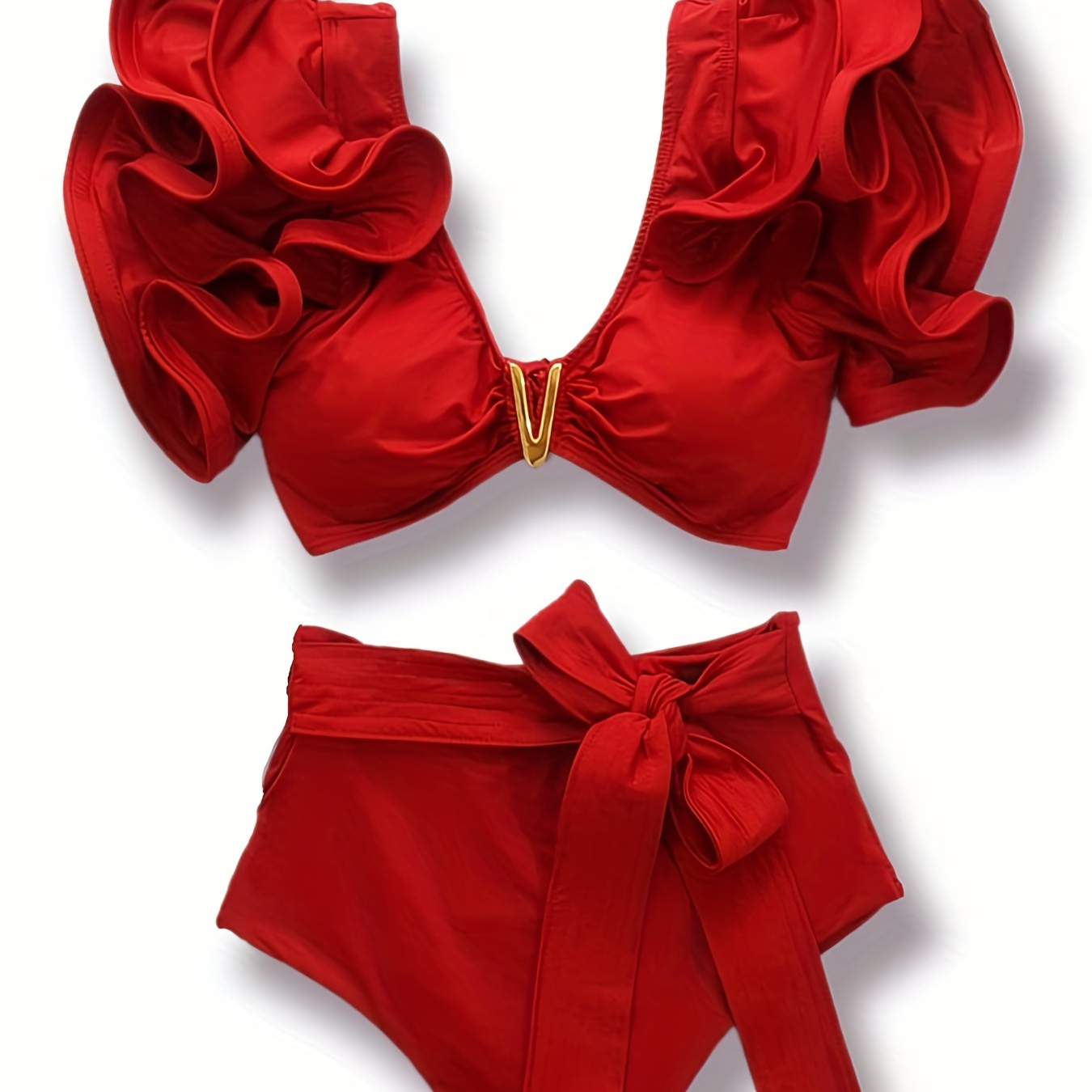 Ruffle V-notch Bikini Sets, Tie Front Solid Color High Waist High Cut 2 Pieces Swimsuit, Women's Swimwear & Clothing Valentine's Day
Ruffle V-notch Bikini Sets, Tie Front Solid Color High Waist High Cut 2 Pieces Swimsuit, Women's Swimwear & Clothing Valentine's Day