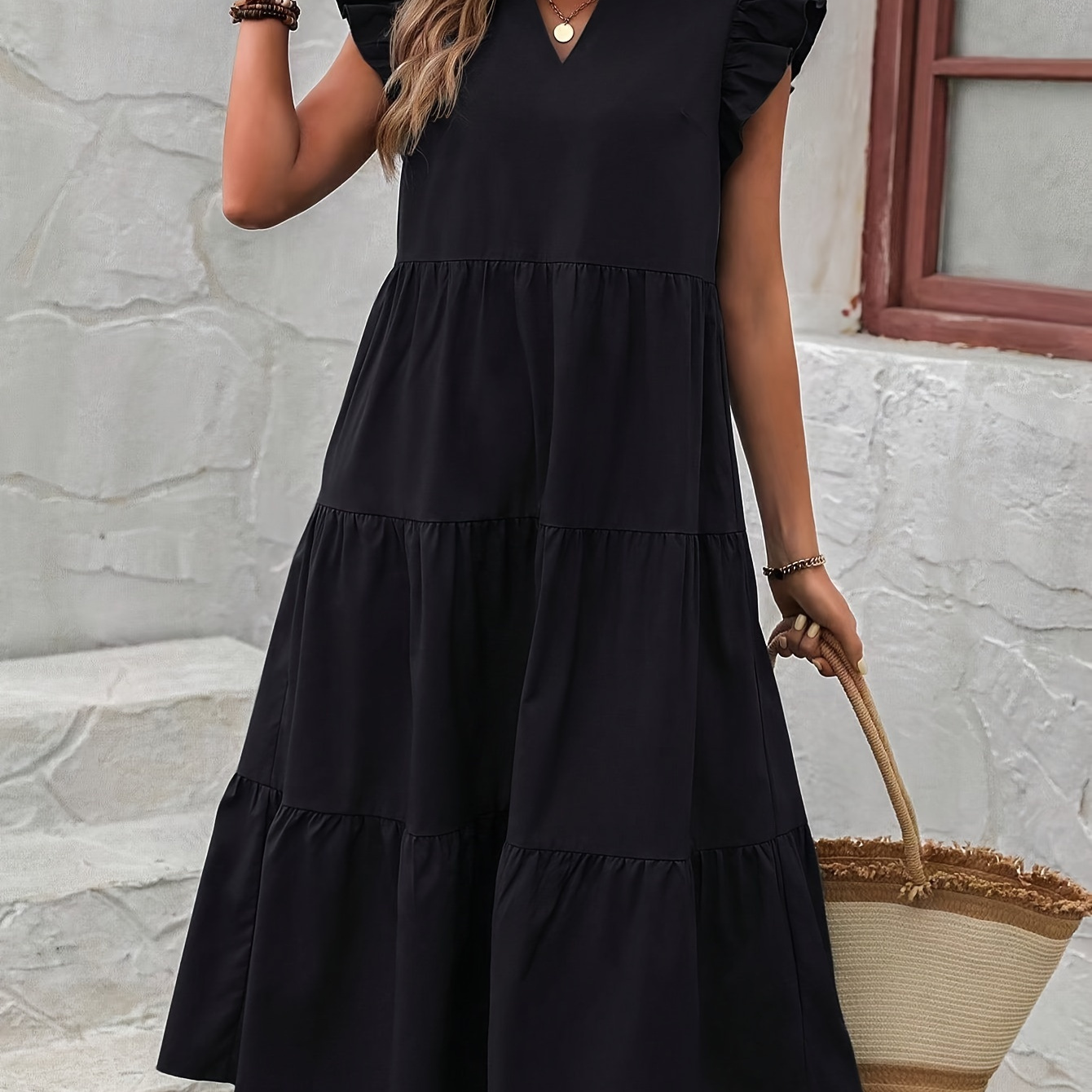 Solid Color V-neck Dress, Casual Sleeve Tiered Hem Dress For , Women's Clothing
Solid Color V-neck Dress, Casual Sleeve Tiered Hem Dress For , Women's Clothing