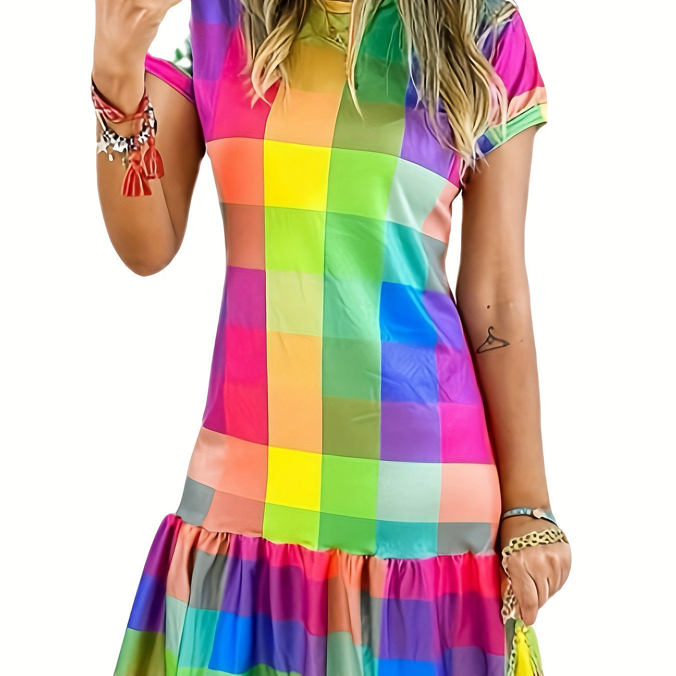 Colorful Plaid Print Crew Neck Dress, Elegant Short Sleeve Ruffle Hem Dress, Women's Clothing
Colorful Plaid Print Crew Neck Dress, Elegant Short Sleeve Ruffle Hem Dress, Women's Clothing