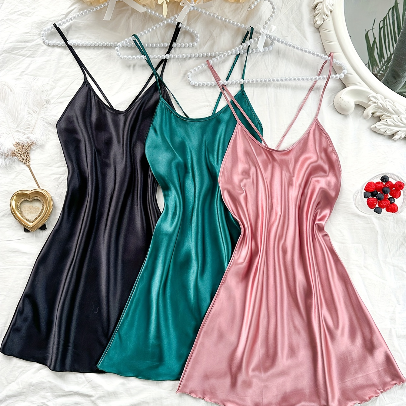 3 Pcs Solid Satin Sexy Nightgown, Round Neck Strappy Backless Slip Dress, Women's Sleepwear
3 Pcs Solid Satin Sexy Nightgown, Round Neck Strappy Backless Slip Dress, Women's Sleepwear