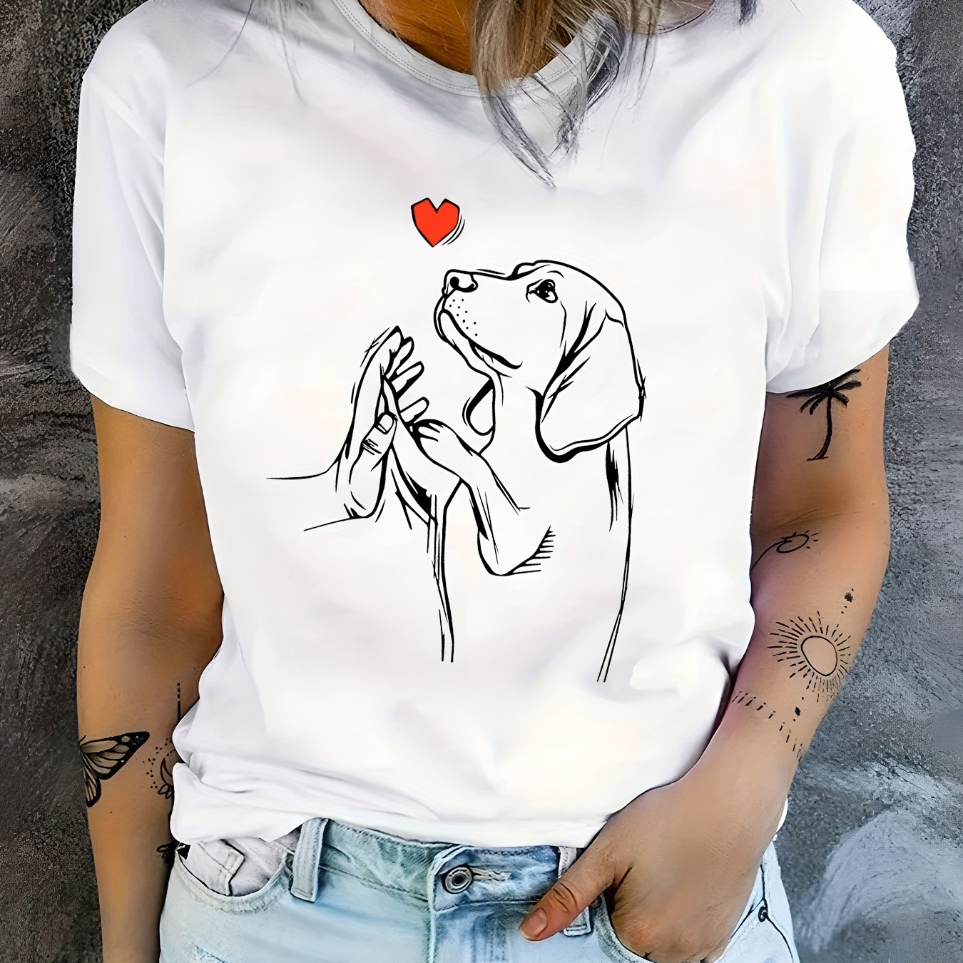 Heart & Dog Print Crew Neck T-shirt, Short Sleeve Casual Top For Spring & Summer, Women's Clothing
Heart & Dog Print Crew Neck T-shirt, Short Sleeve Casual Top For Spring & Summer, Women's Clothing