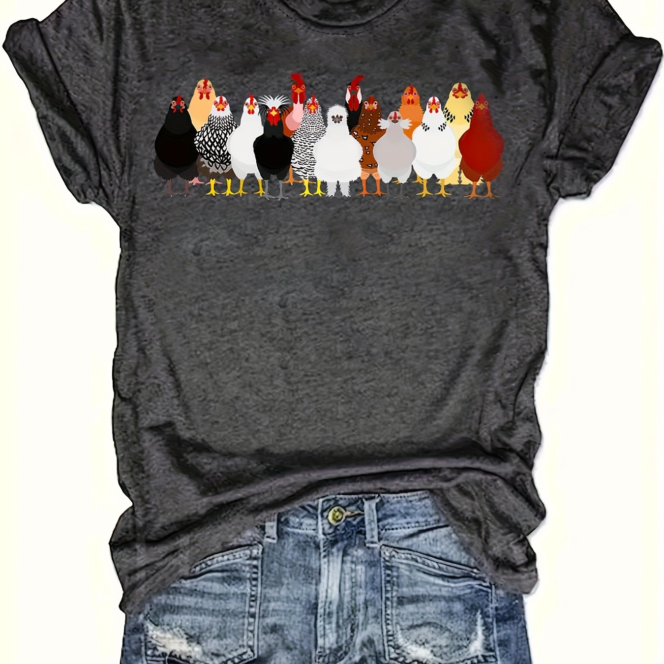 Chicken Print Crew Neck T-shirt, Casual Short Sleeve Top For Spring & Summer, Women's Clothing
Chicken Print Crew Neck T-shirt, Casual Short Sleeve Top For Spring & Summer, Women's Clothing