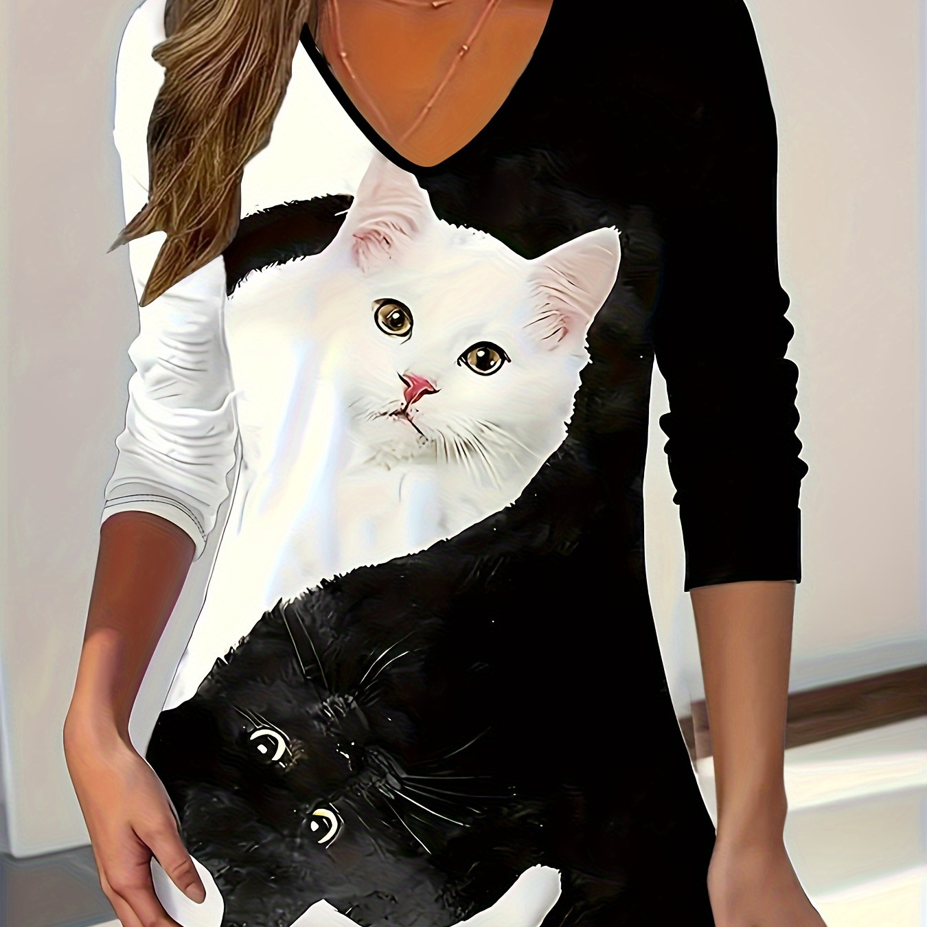 Women's Casual V-neck Long Sleeve T-shirt, Contrasting Two- Print, Polyester Knit Fabric, Spring/autumn Fashion Top
Women's Casual V-neck Long Sleeve T-shirt, Contrasting Two- Print, Polyester Knit Fabric, Spring/autumn Fashion Top