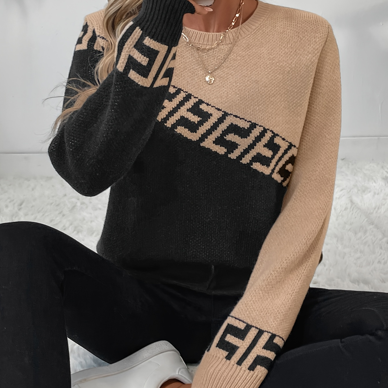 1pc Elegant Crew Neck Pullover Sweater For Women - Acrylic Knit Fabric, Stretch, Regular Sleeve, Fashion Top
1pc Elegant Crew Neck Pullover Sweater For Women - Acrylic Knit Fabric, Stretch, Regular Sleeve, Fashion Top