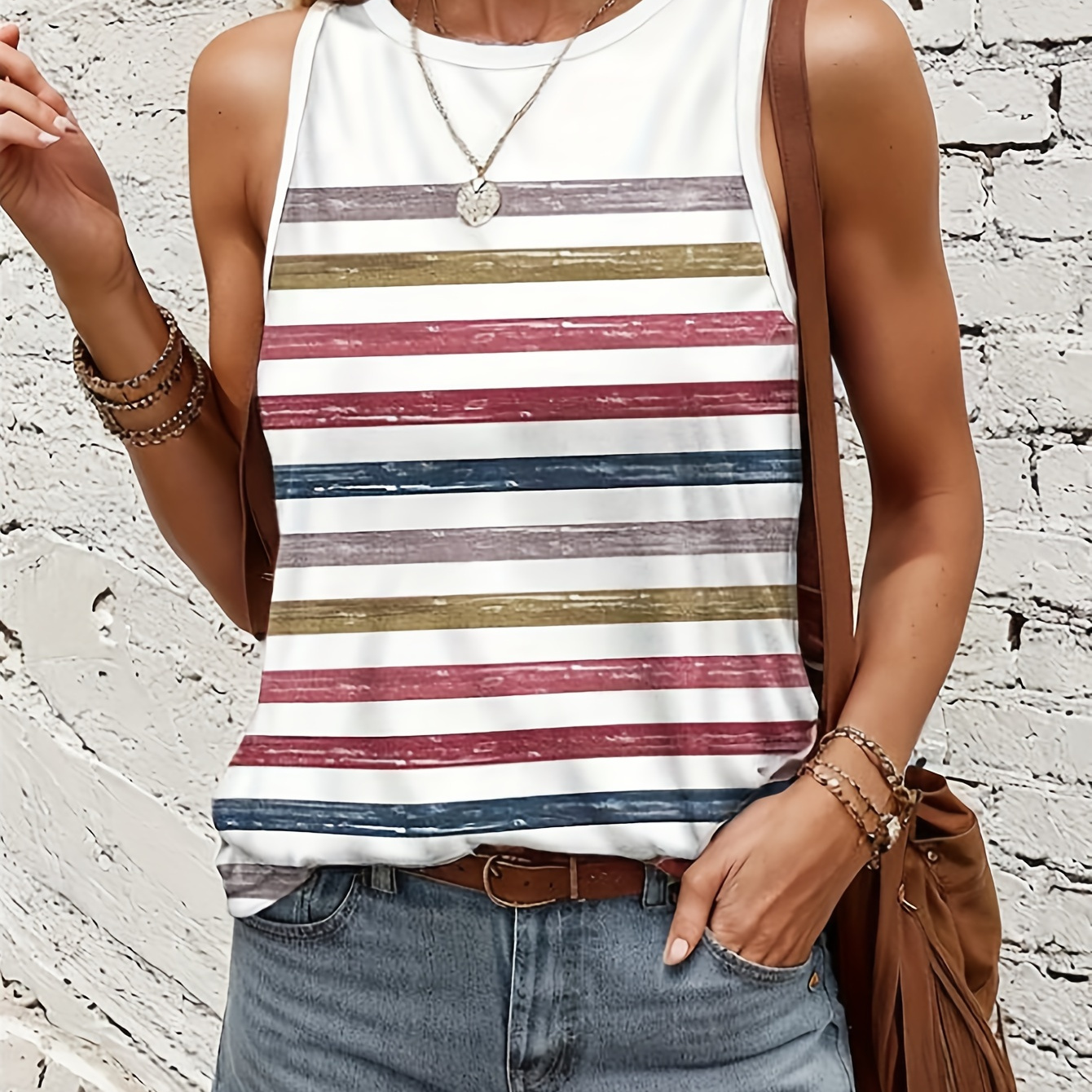 Striped Print Crew Neck Tank Top, Casual Sleeveless Top For Spring & Summer, Women's Clothing
Striped Print Crew Neck Tank Top, Casual Sleeveless Top For Spring & Summer, Women's Clothing