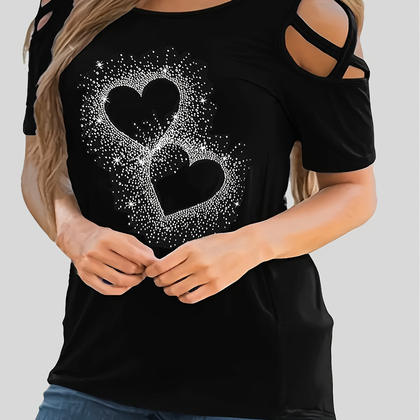 Women's Rhinestone Embellished Casual Off-shoulder Plus Size Top, Round Neck, Stretch Polyester Fabric, Machine Washable
Women's Rhinestone Embellished Casual Off-shoulder Plus Size Top, Round Neck, Stretch Polyester Fabric, Machine Washable