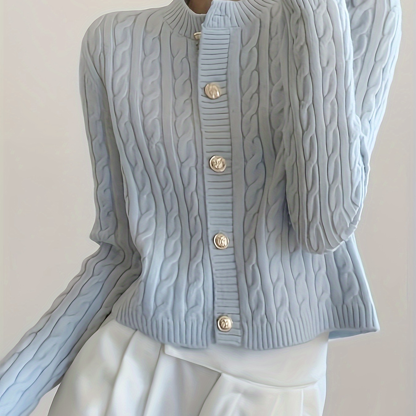 Cable Knit Crew Neck Cardigan, Casual Button Front Long Sleeve Cardigan For Fall, Women's Clothing
Cable Knit Crew Neck Cardigan, Casual Button Front Long Sleeve Cardigan For Fall, Women's Clothing