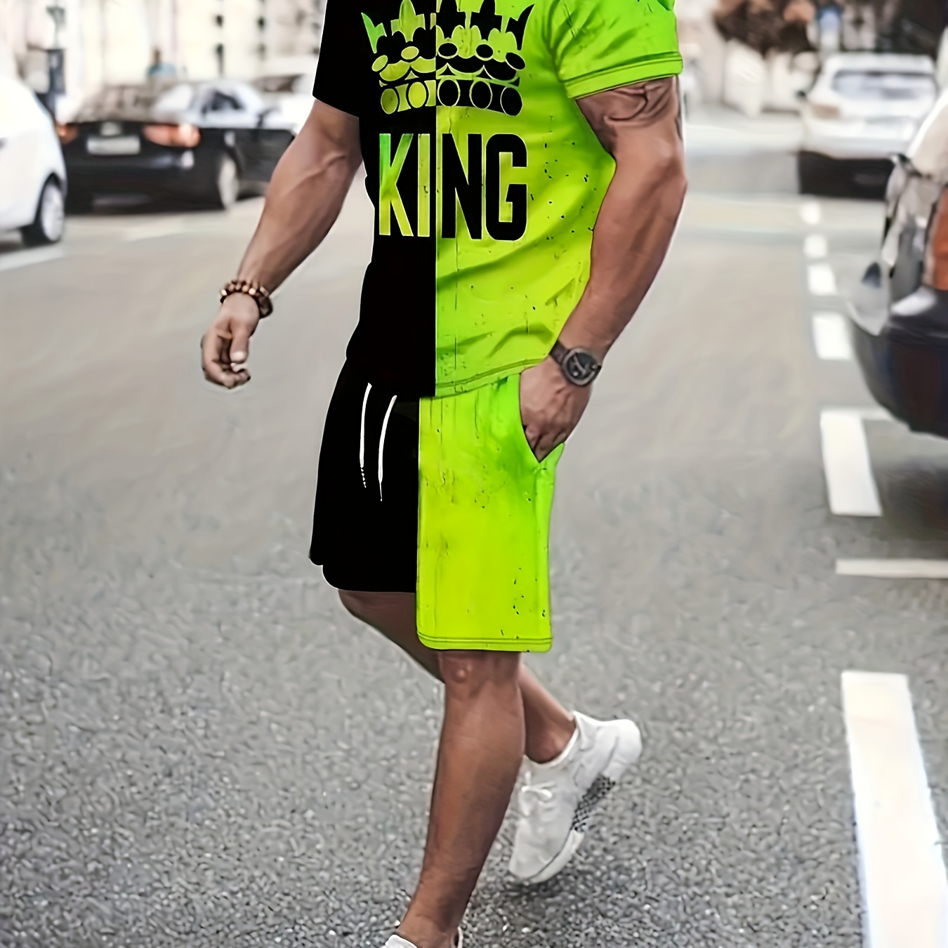 Men's Outfit, Color Matching King Graphic Print Casual Crew Neck Short Sleeve T-shirt & Drawstring Shorts 2-piece Set For Summer Outdoor Activities
Men's Outfit, Color Matching King Graphic Print Casual Crew Neck Short Sleeve T-shirt & Drawstring Shorts 2-piece Set For Summer Outdoor Activities