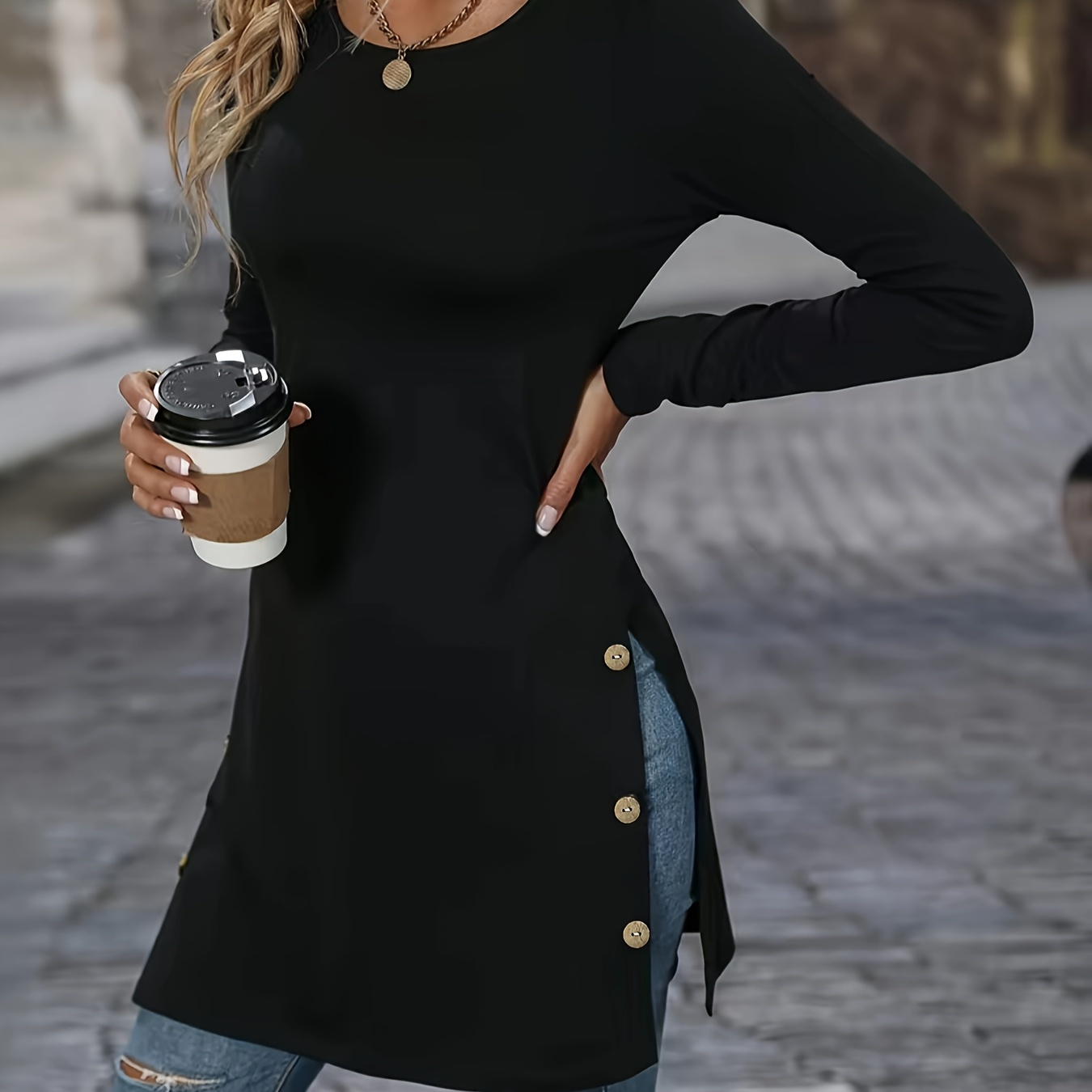 Solid Crew Neck Button Decor T-shirt, Elegant Long Sleeve Split Top For Spring & Fall, Women's Clothing
Solid Crew Neck Button Decor T-shirt, Elegant Long Sleeve Split Top For Spring & Fall, Women's Clothing