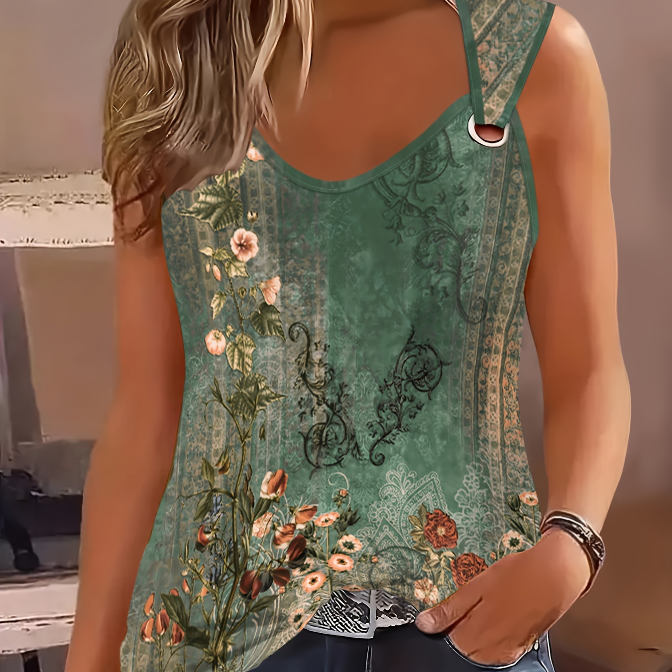 Floral Print Ring Decor Top, Vintage Sleeveless Loose Tank Top For Summer, Women's Clothing
Floral Print Ring Decor Top, Vintage Sleeveless Loose Tank Top For Summer, Women's Clothing