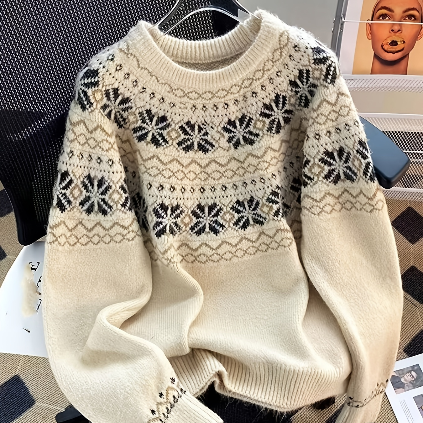 Women's Elegant Cream Knit Sweater With Black & Golden Geometric Pattern - Long Sleeve, Round Neck, Cozy Acrylic Pullover For Fall/winter
Women's Elegant Cream Knit Sweater With Black & Golden Geometric Pattern - Long Sleeve, Round Neck, Cozy Acrylic Pullover For Fall/winter