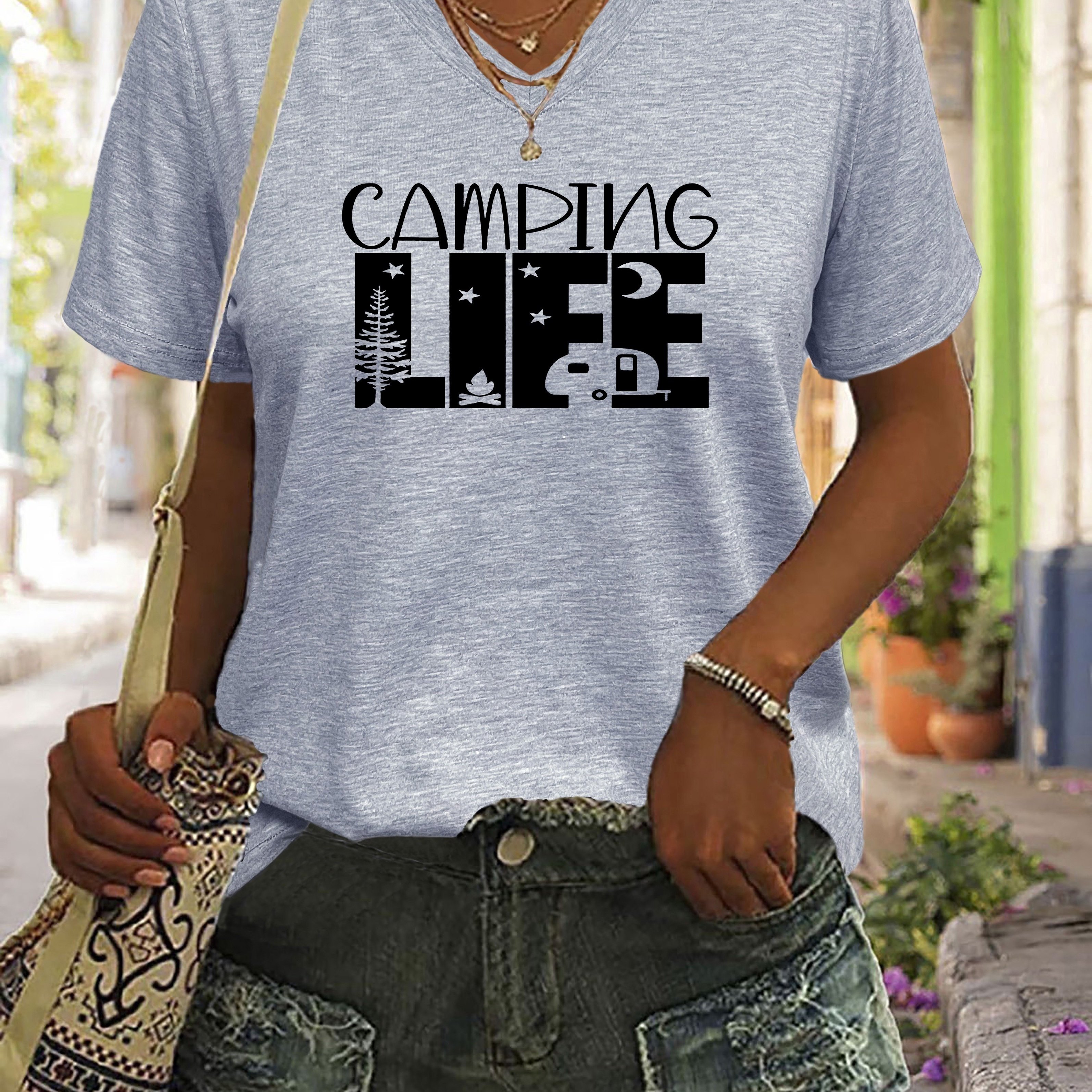 Camping Life Print T-shirt, Short Sleeve V Neck Casual Top For Summer & Spring, Women's Clothing
Camping Life Print T-shirt, Short Sleeve V Neck Casual Top For Summer & Spring, Women's Clothing