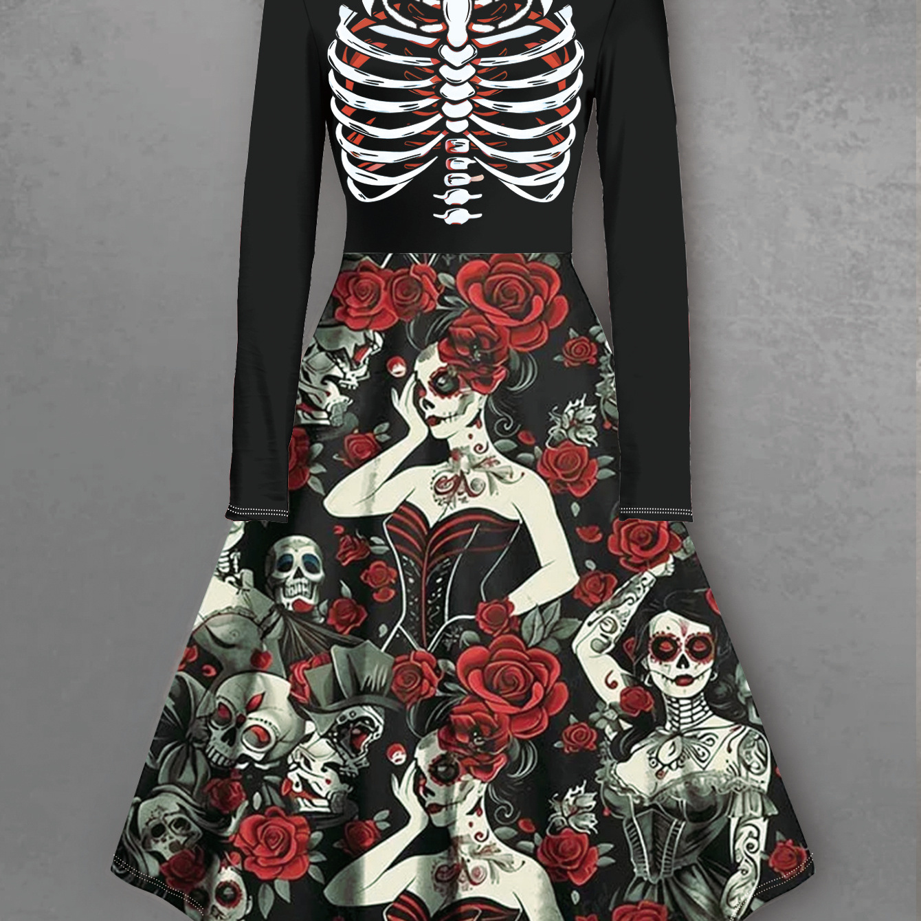 Skull & Floral Neck Dress, Gothic Long Sleeve Dress For Spring & Fall, Women's Clothing
Skull & Floral Neck Dress, Gothic Long Sleeve Dress For Spring & Fall, Women's Clothing