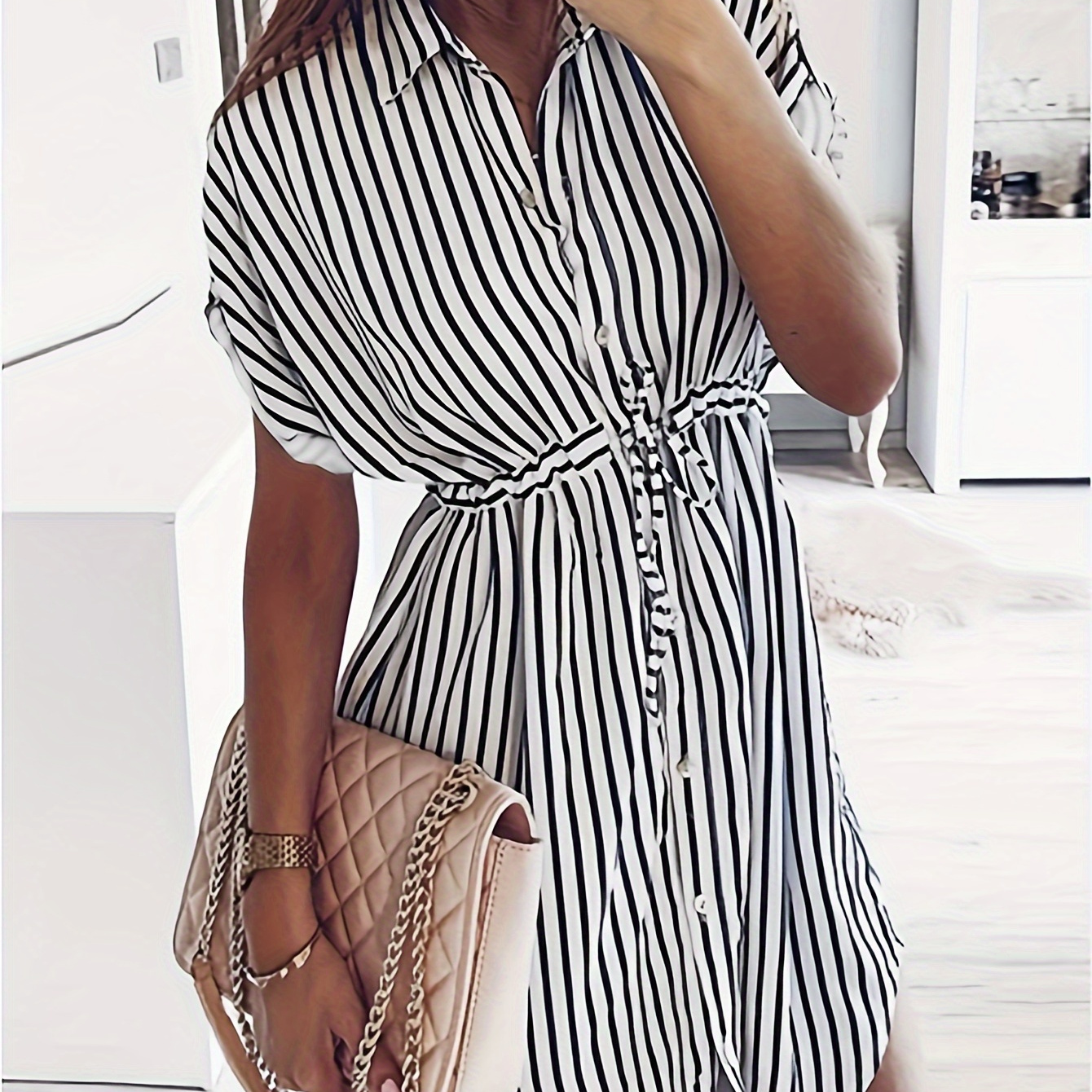 Striped Print Drawstring Waist Dress, Casual Botton Front Batwing Sleeve Dress For Spring & Summer, Women's Clothing
Striped Print Drawstring Waist Dress, Casual Botton Front Batwing Sleeve Dress For Spring & Summer, Women's Clothing